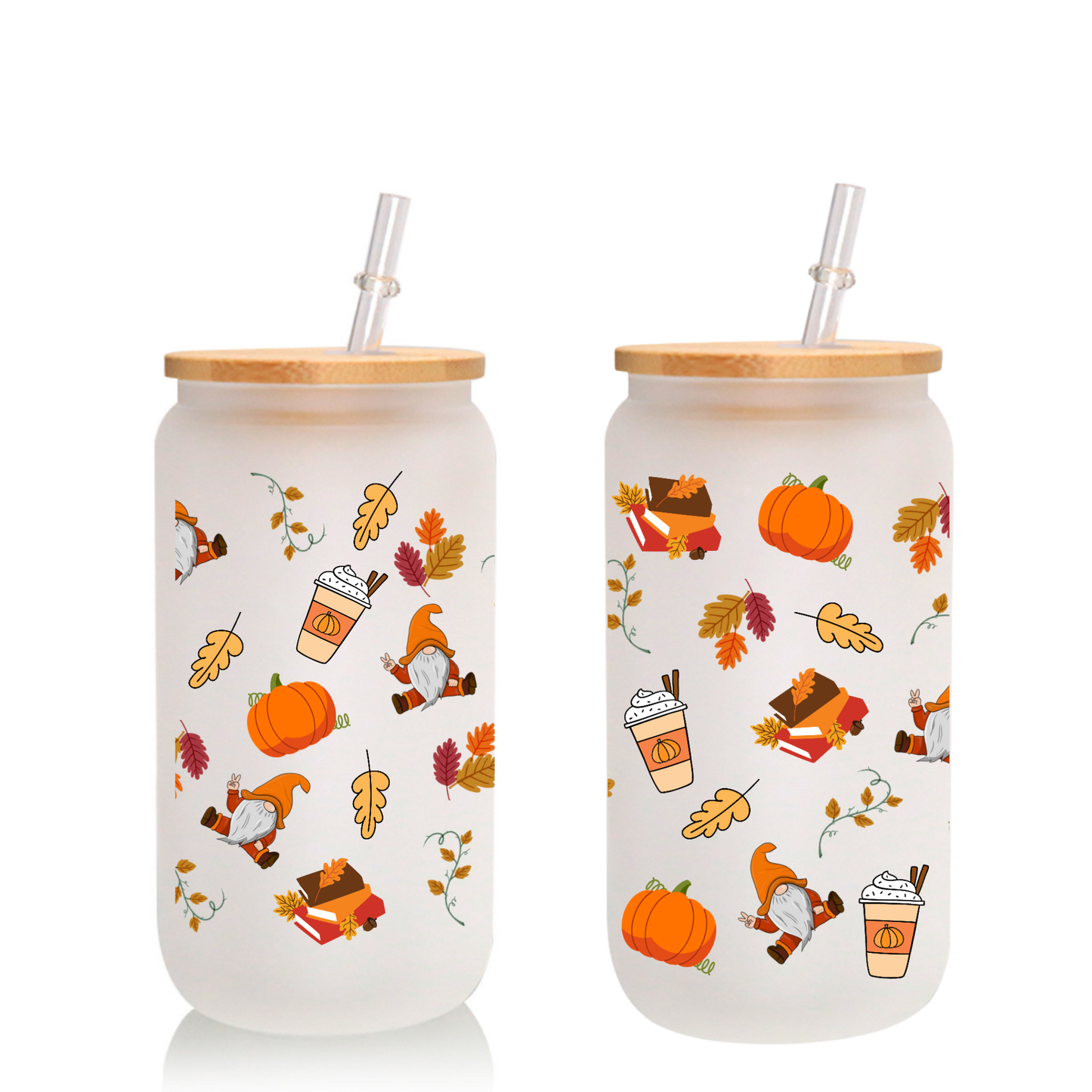 Autumn Vibes Frosted Glass Cup โ 16oz / 20oz โ With Bamboo Lid & Glass Straw