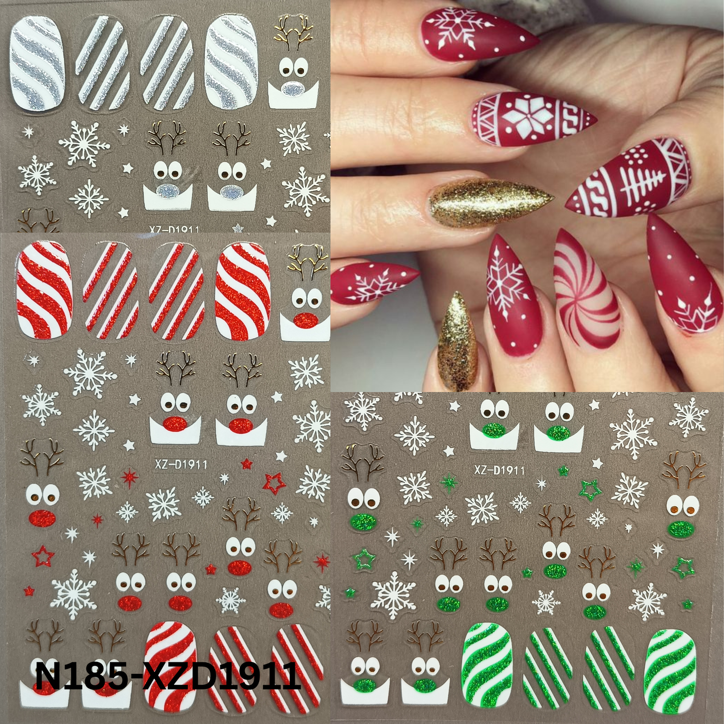 Merry Christmas Nail Stickers – Candy Stripe & Reindeer Design