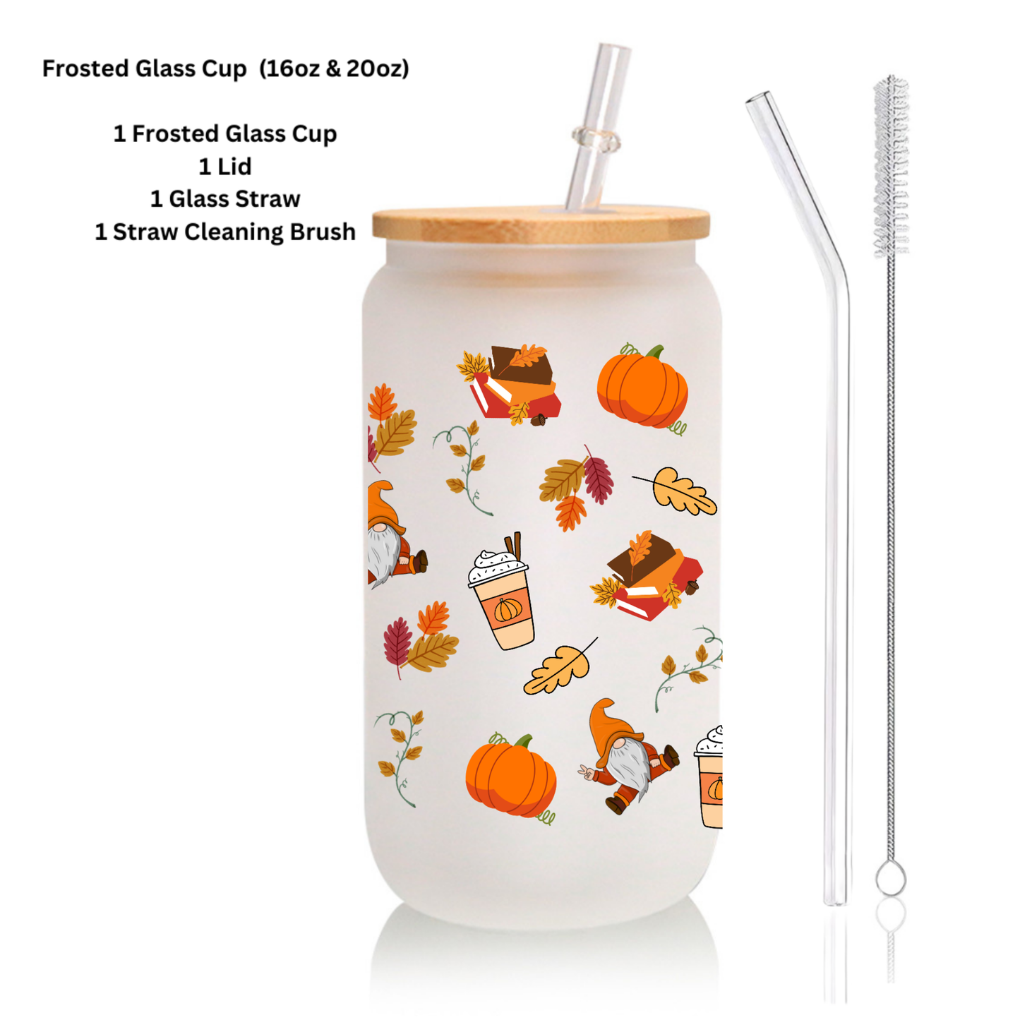 Autumn Vibes Frosted Glass Cup โ 16oz / 20oz โ With Bamboo Lid & Glass Straw