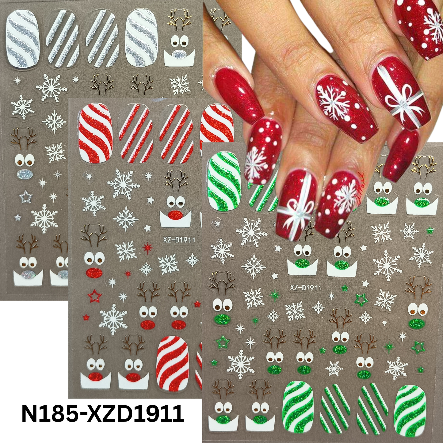 Merry Christmas Nail Stickers – Candy Stripe & Reindeer Design