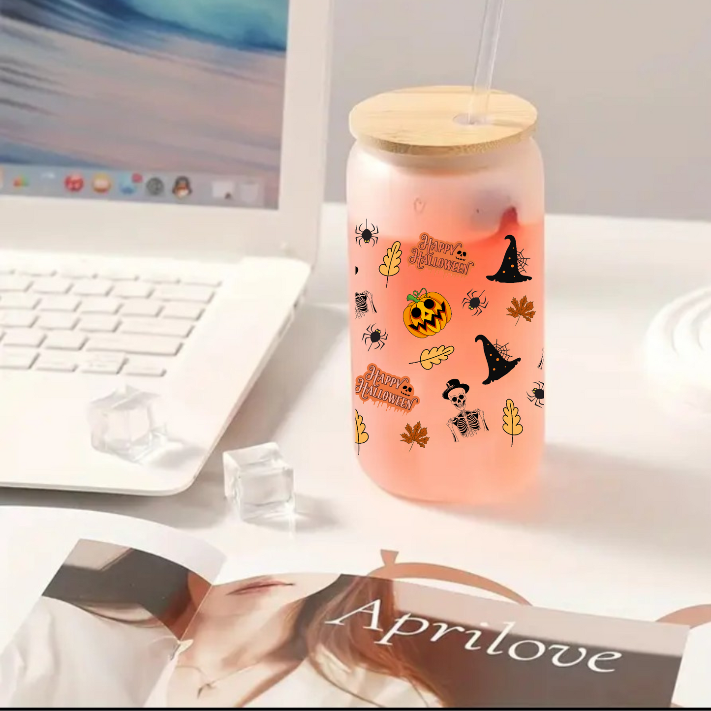 Halloween Frosted Glass Tumbler Set 16oz/20oz – Bamboo Lid, Glass Straw & Brush