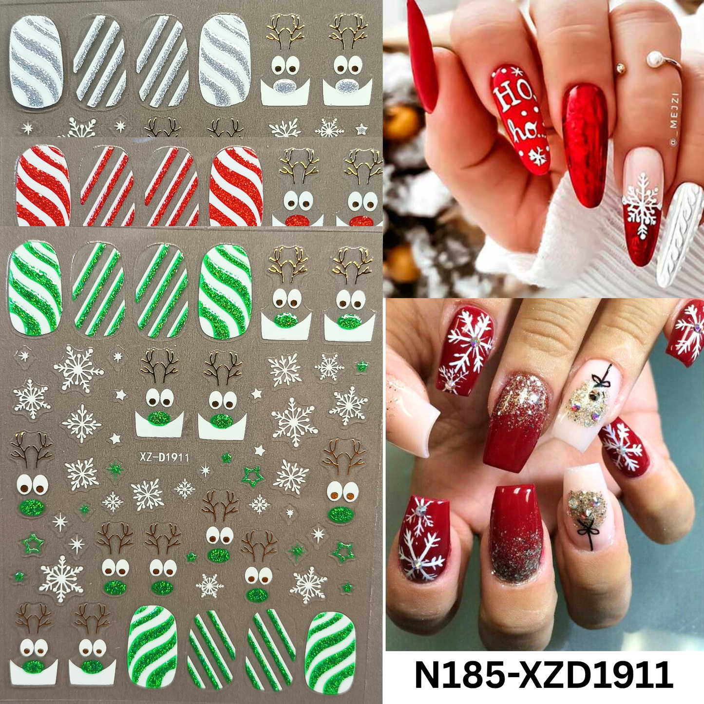 Merry Christmas Nail Stickers – Candy Stripe & Reindeer Design