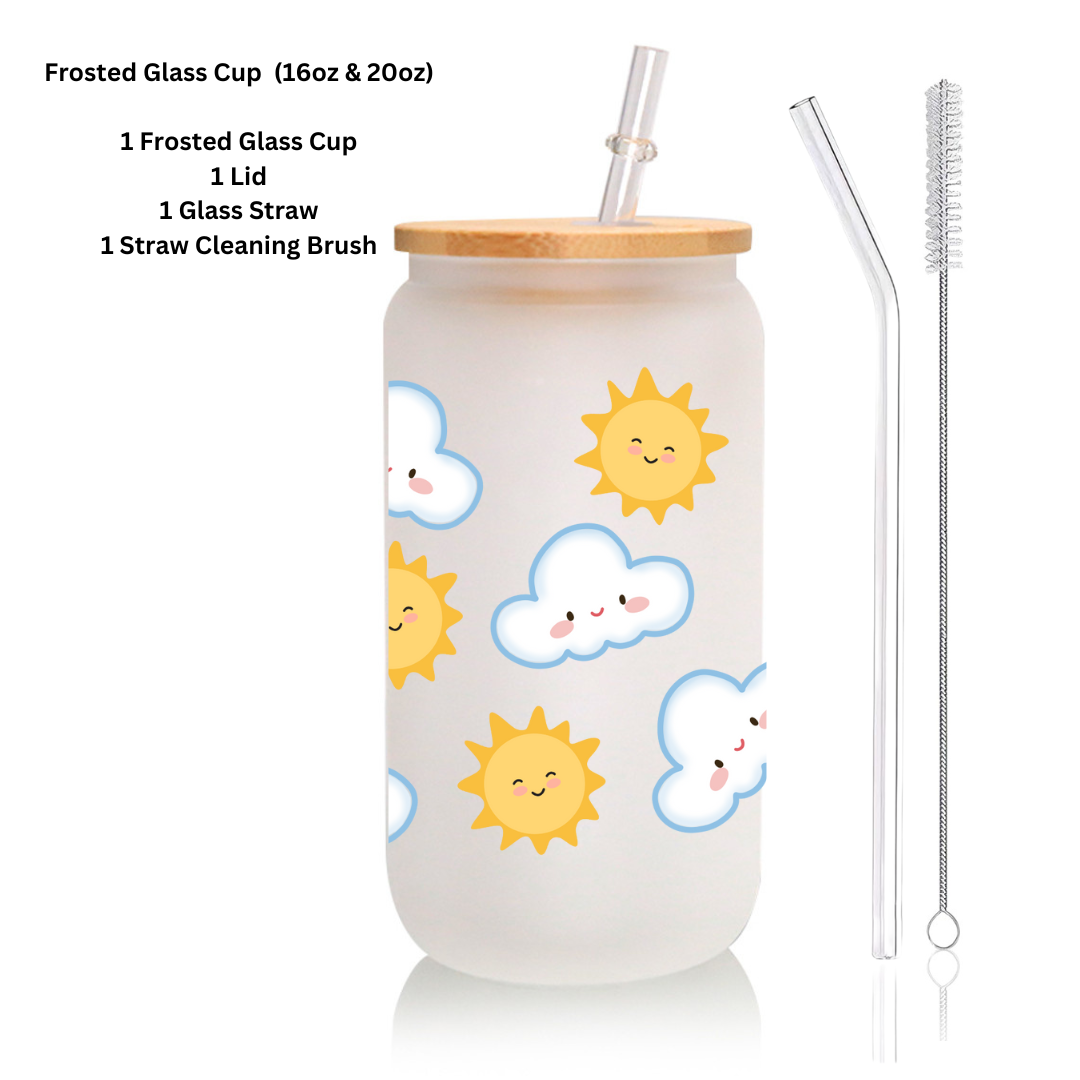 Sun & Cloud Glass Cup with Matching Coaster Cute Aesthetic Can Glass Set Frosted or Clear Cup with Bamboo Lid and Straw