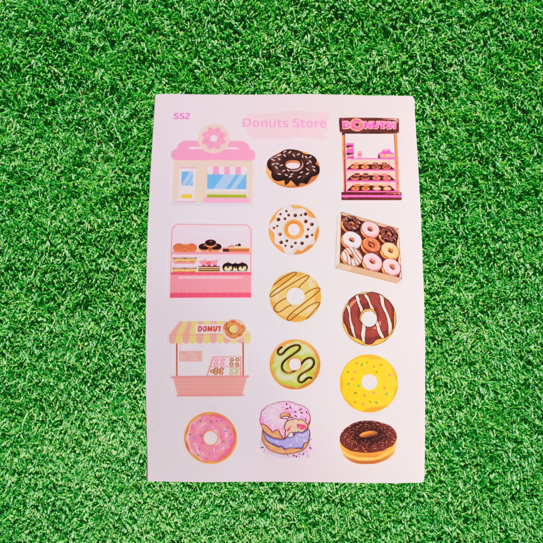 Handmade Donut Store Sticker Sheet – Cute & Colorful Bakery-Themed Stickers