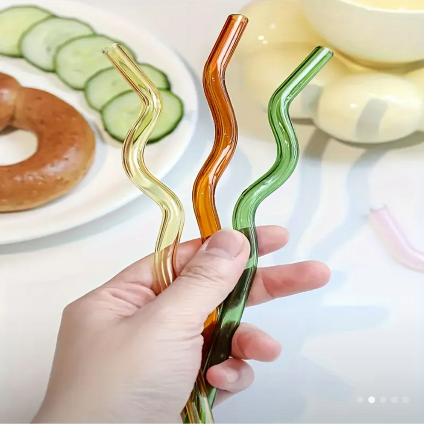 4pcs Wavy Glass Straws, Reusable Colorful Glass Straws, with 1 Cleaning Brush