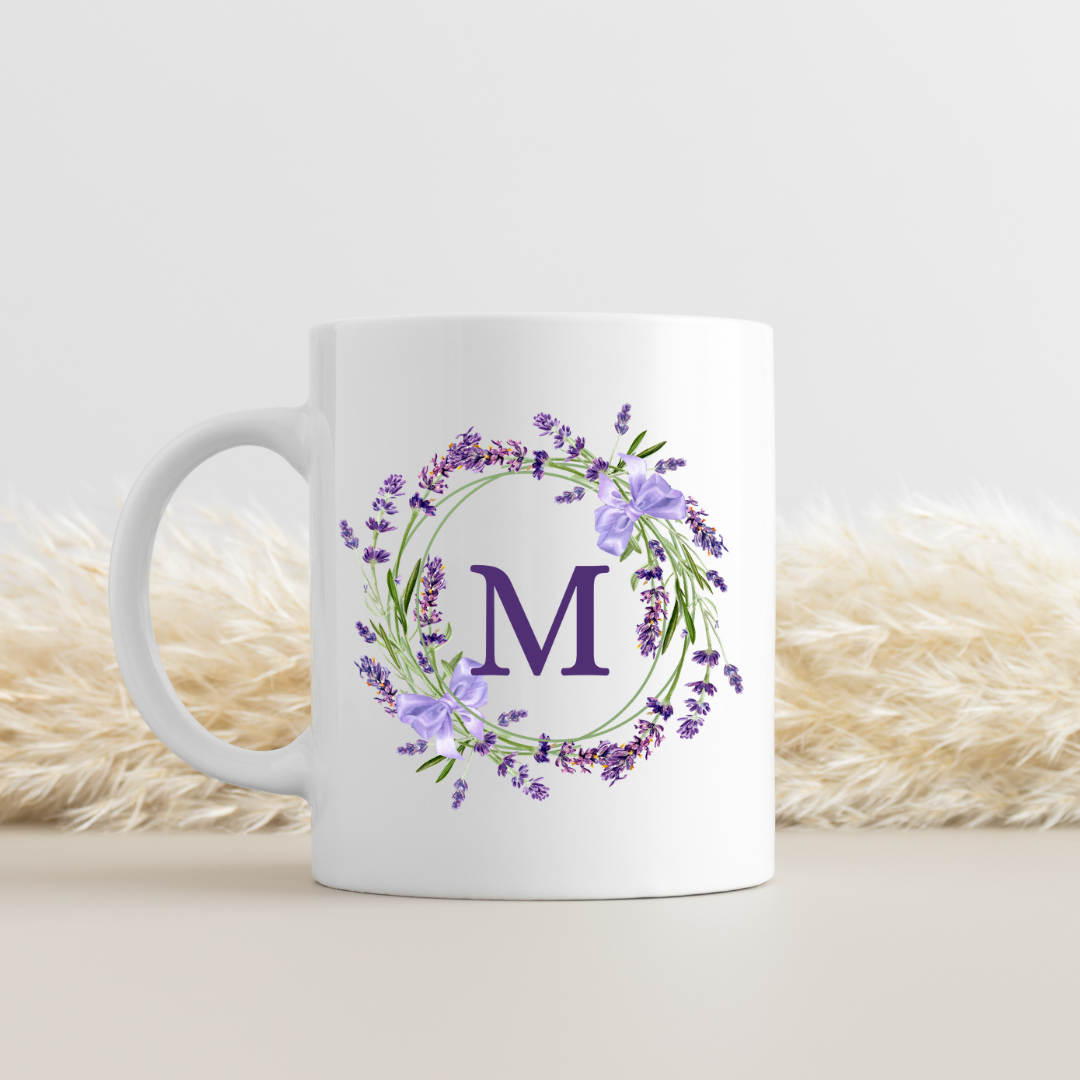 Floral Alphabet Letter A-Z Lavender Wreath Design,Personalized 12oz Ceramic Mug