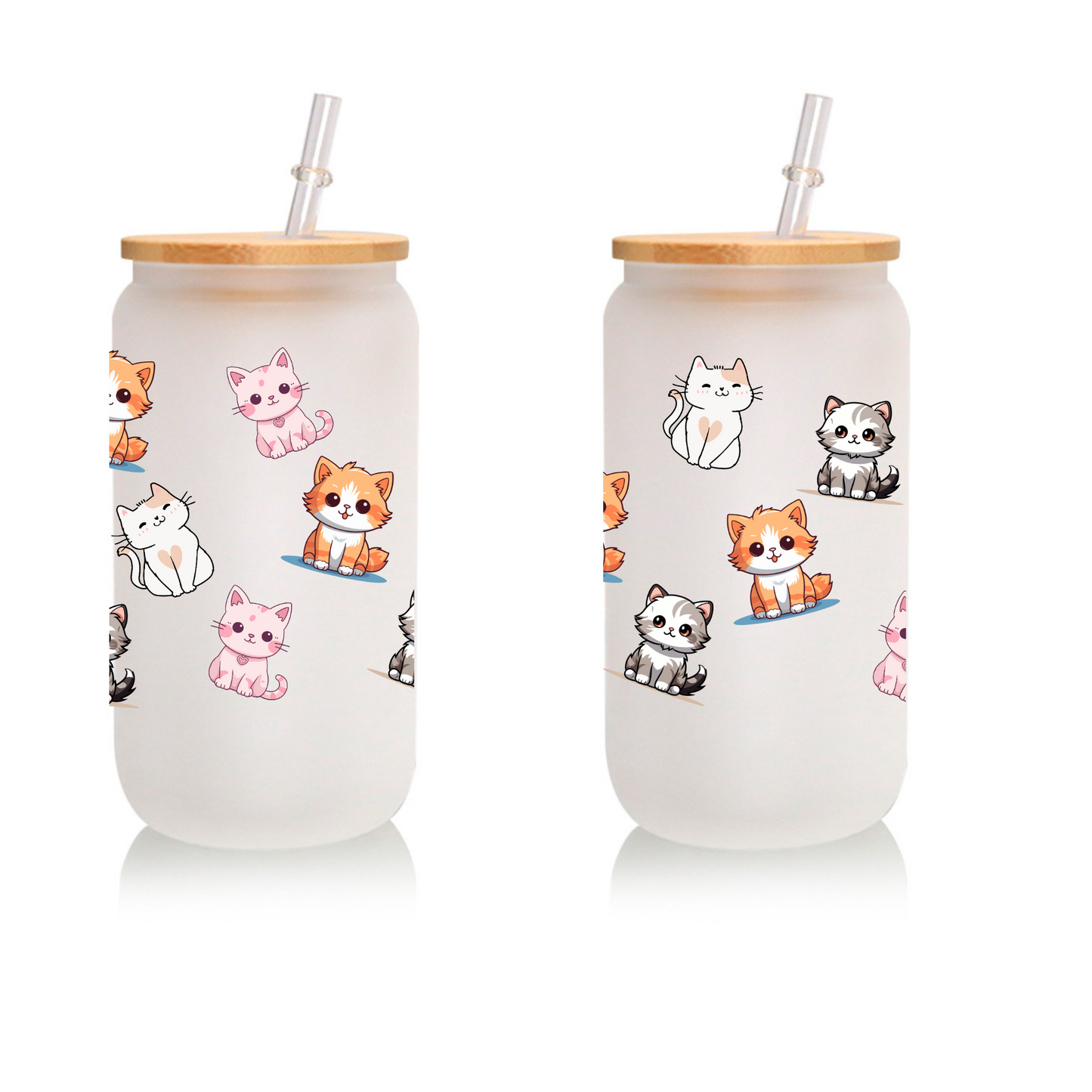 Cute Cats Frosted Glass Cup β 16oz / 20oz Animal Glass Tumbler for Coffee, Tea, Smoothie β Personalized Gift for Office, Party, or Birthday