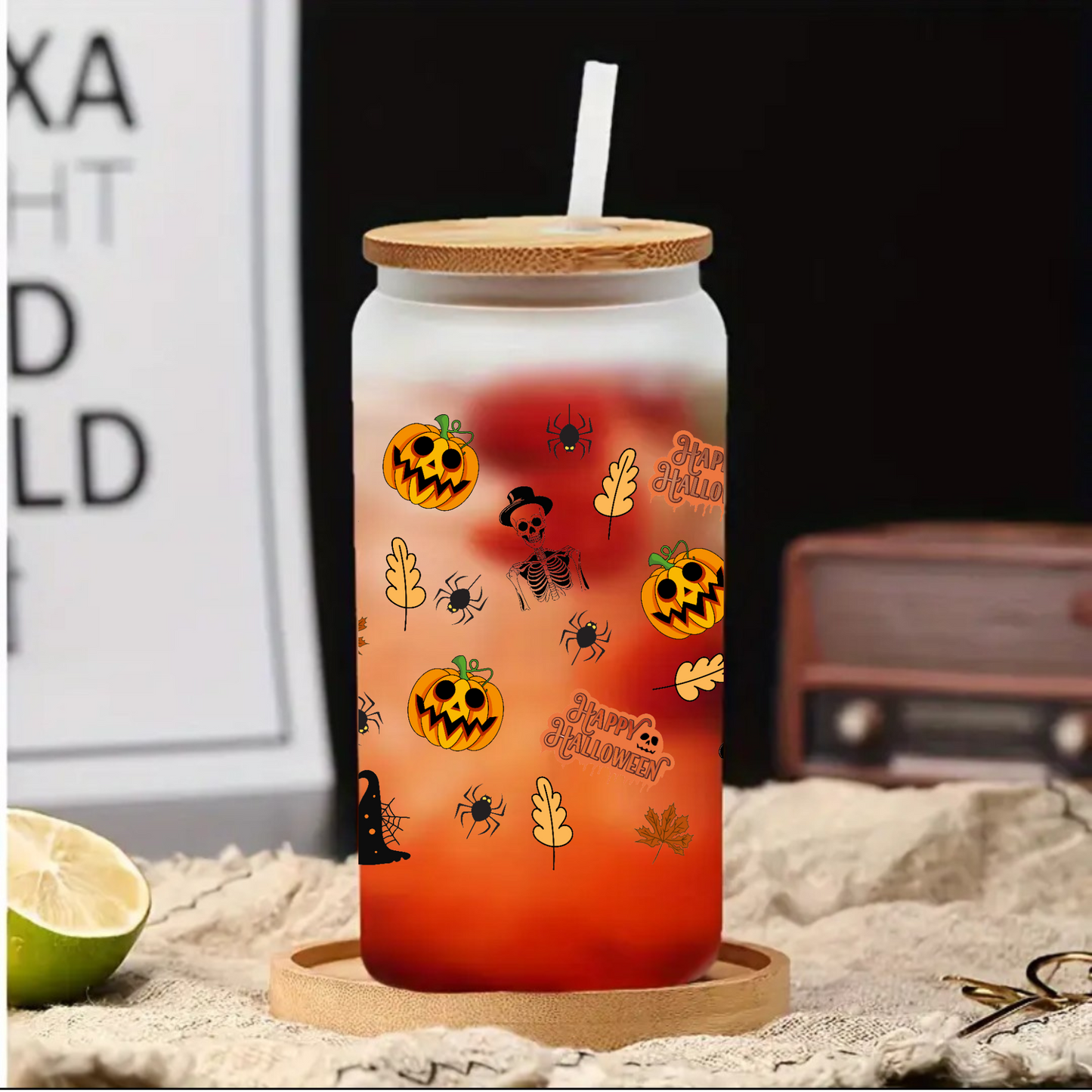 Halloween Frosted Glass Tumbler Set 16oz/20oz – Bamboo Lid, Glass Straw & Brush