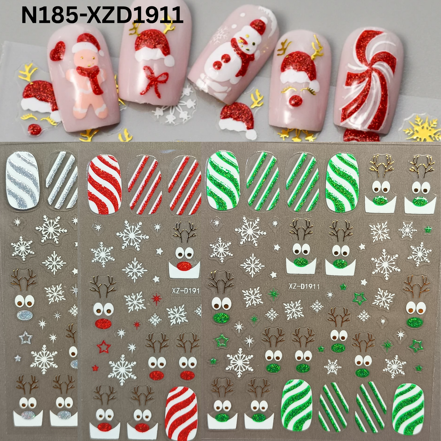 Merry Christmas Nail Stickers – Candy Stripe & Reindeer Design
