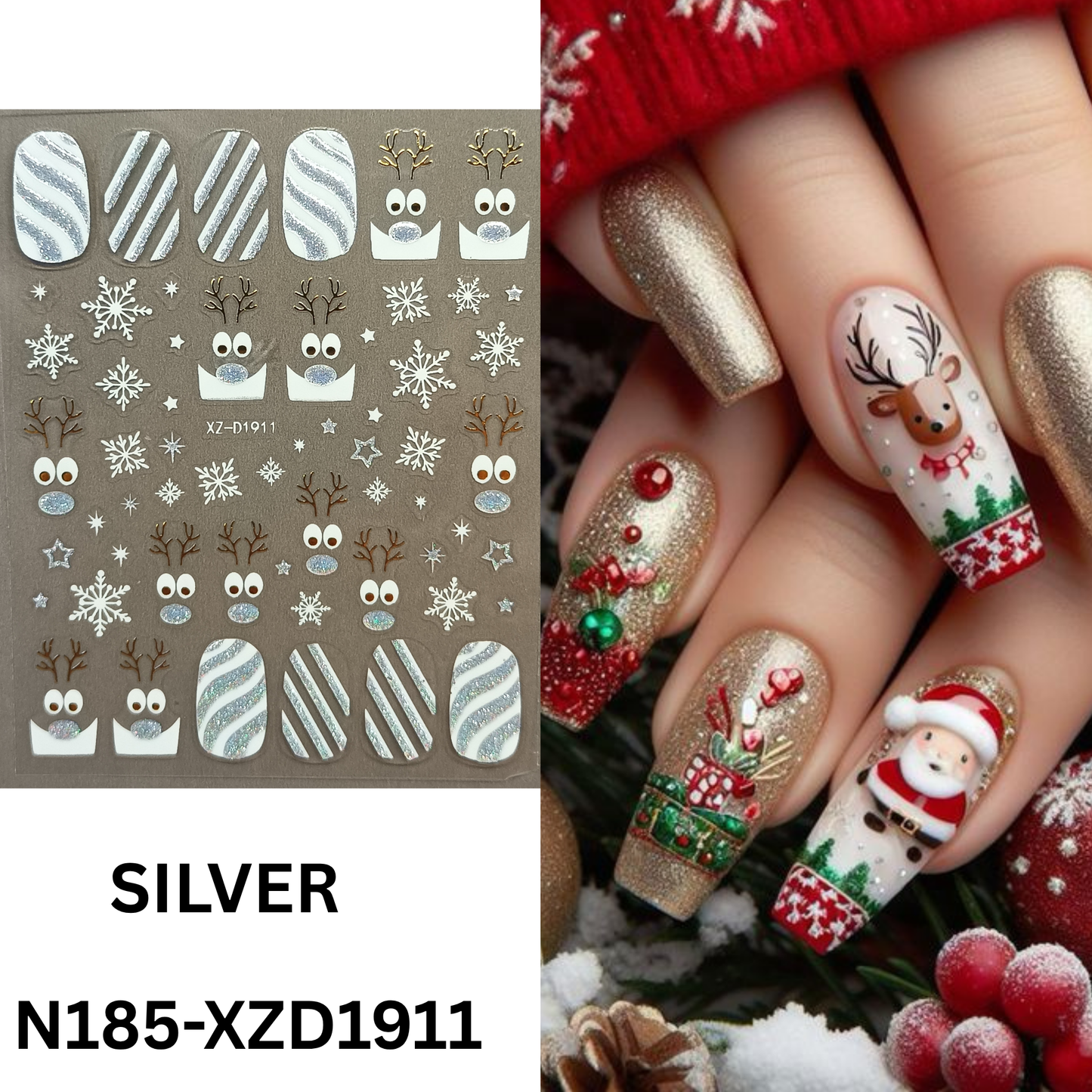 Merry Christmas Nail Stickers – Candy Stripe & Reindeer Design
