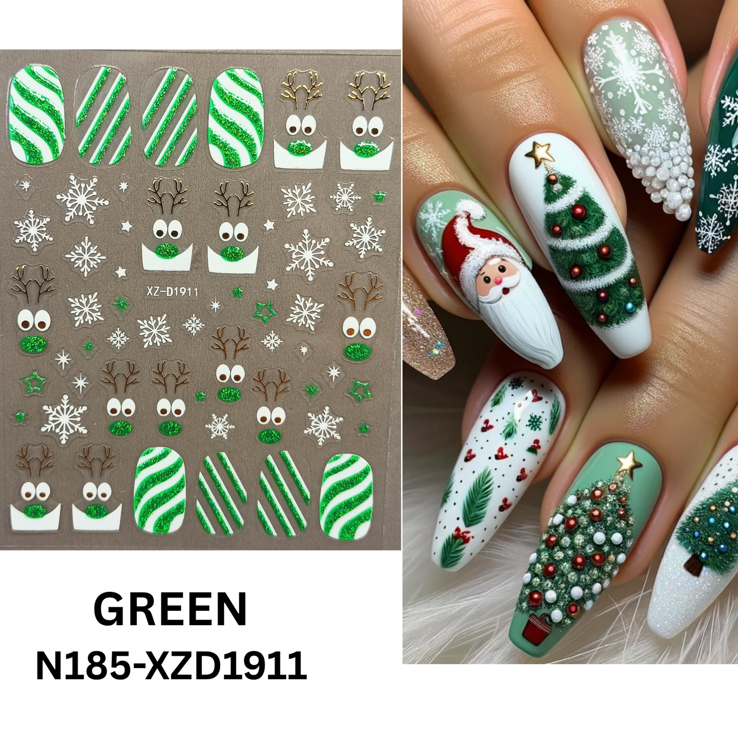 Merry Christmas Nail Stickers – Candy Stripe & Reindeer Design