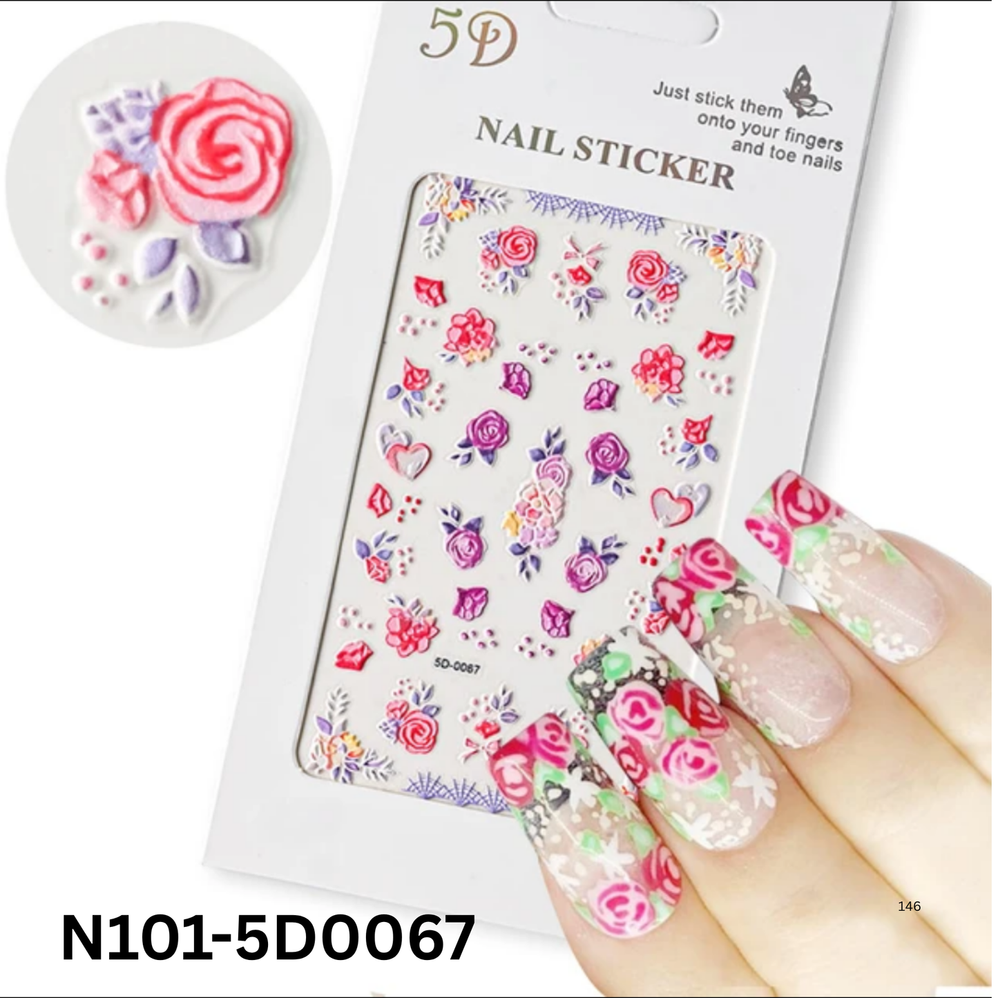 5D Rose Flower Nail Art Stickers β Embossed Floral Nail Decals for Manicure