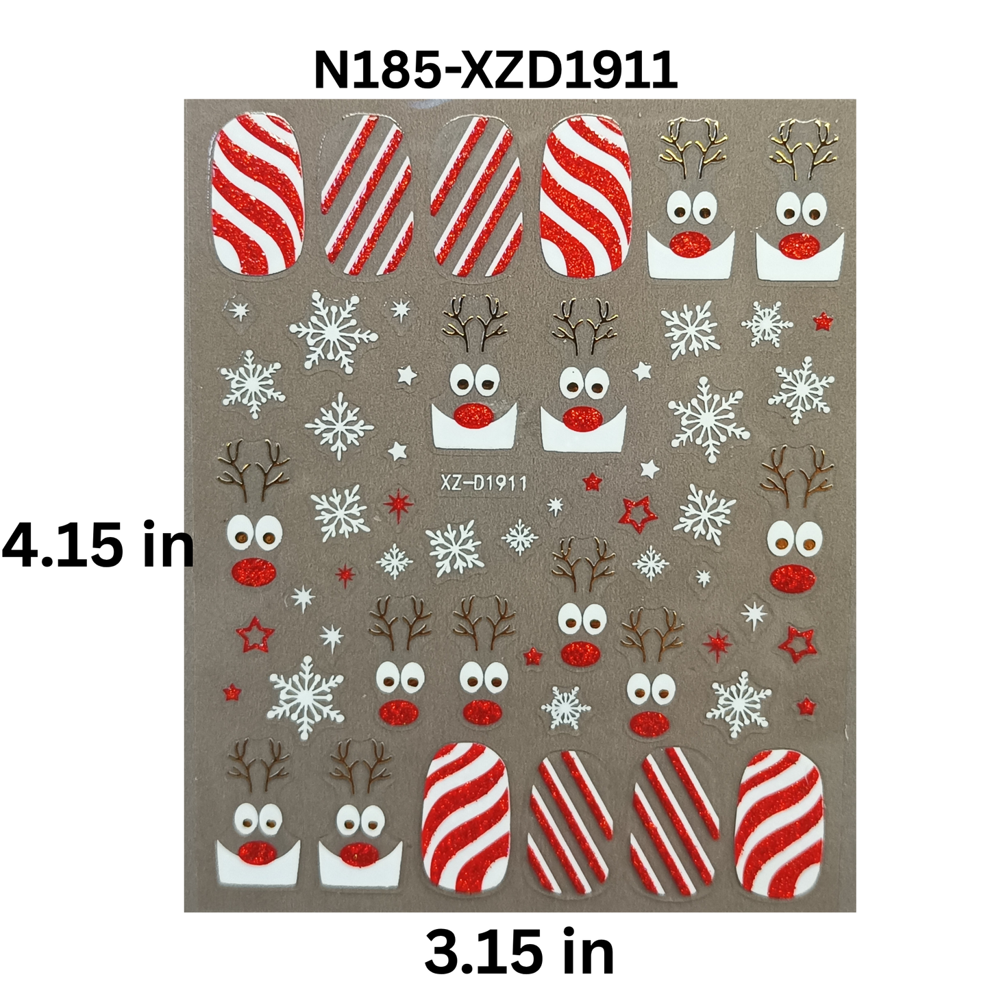 Merry Christmas Nail Stickers – Candy Stripe & Reindeer Design