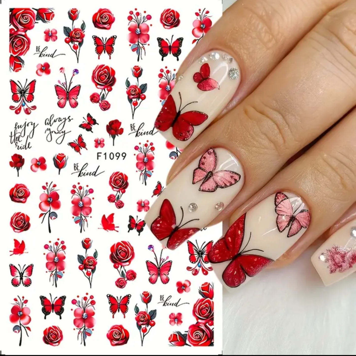 3D Floral & Butterfly Nail Art Stickers - Summer Bauhinia & Rose Designs with "Girl Power" Motifs, Reusable Vinyl Decals for DIY Manicures, Pre-Pasted & Shimmery Finish,Nail Stickers