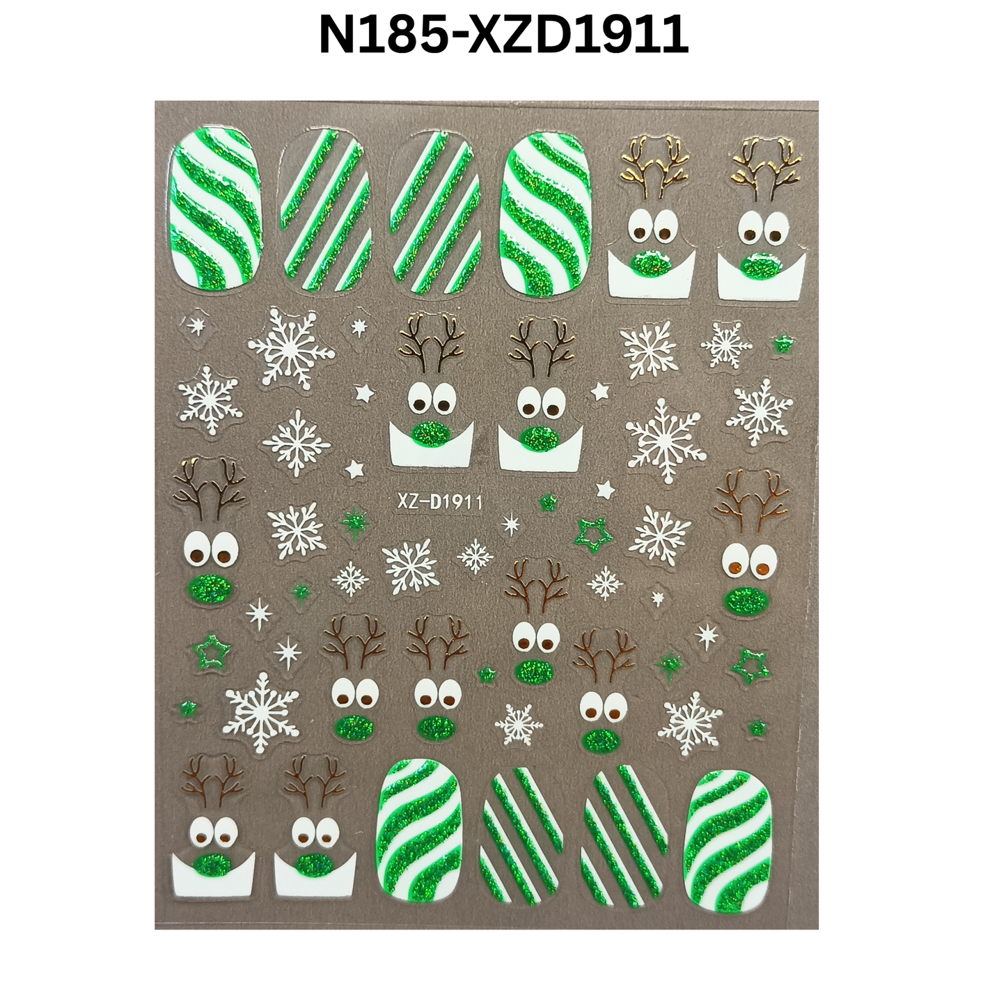 Merry Christmas Nail Stickers – Candy Stripe & Reindeer Design