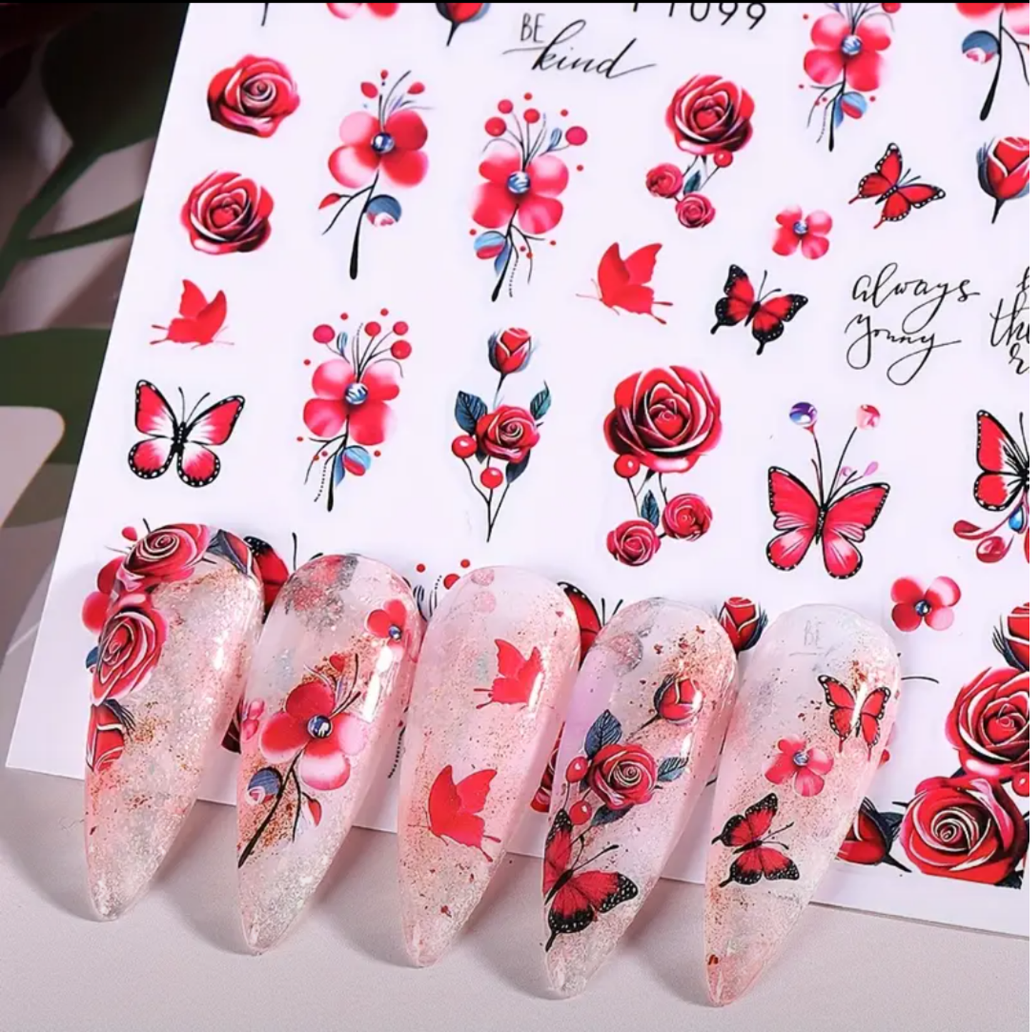 3D Floral & Butterfly Nail Art Stickers - Summer Bauhinia & Rose Designs with "Girl Power" Motifs, Reusable Vinyl Decals for DIY Manicures, Pre-Pasted & Shimmery Finish,Nail Stickers