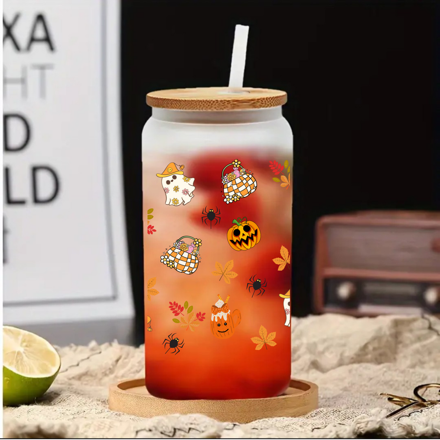 Halloween Party Glass Tumbler – Cute Ghost, Autumn Leaves, Fun Pumpkin Design