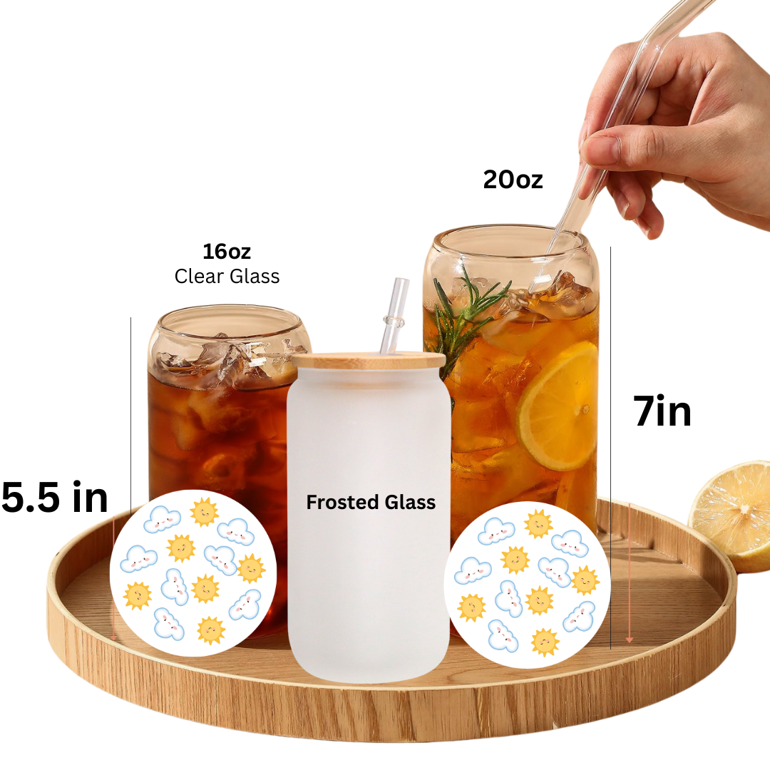 Sun & Cloud Glass Cup with Matching Coaster Cute Aesthetic Can Glass Set Frosted or Clear Cup with Bamboo Lid and Straw
