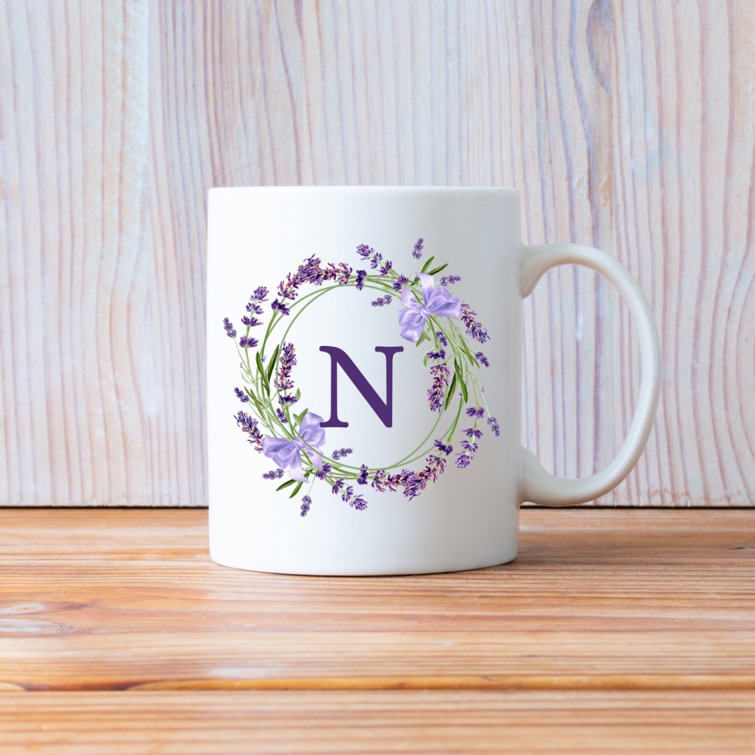 Floral Alphabet Letter A-Z Lavender Wreath Design,Personalized 12oz Ceramic Mug