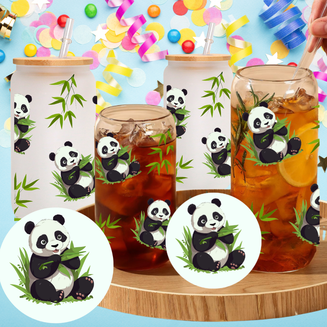 Panda with leaves glass cup, cartoon cup, Iced Coffee Glass cup with lid and Straw Personalized gift for Birthday,for kid 16oz, 20oz