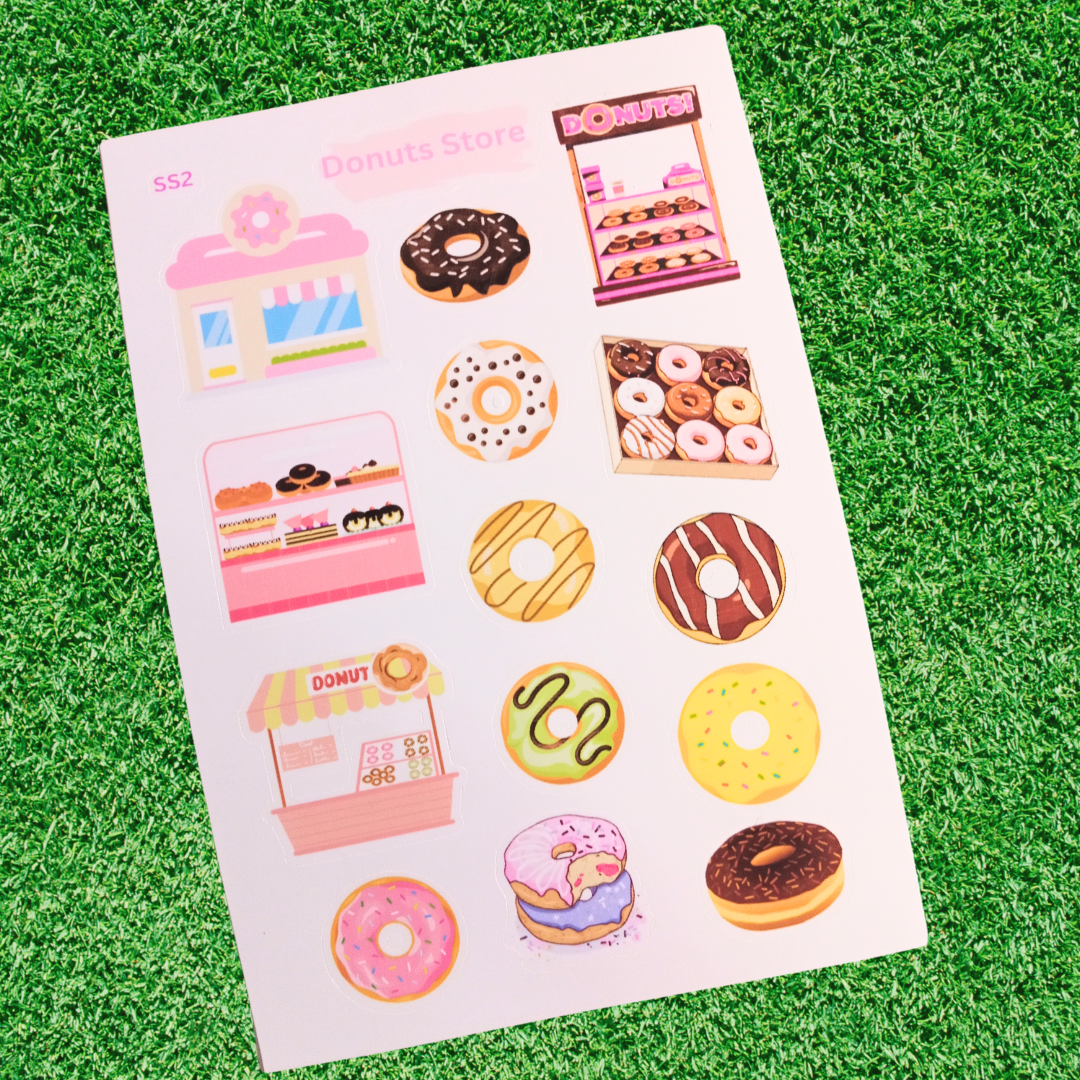 Handmade Donut Store Sticker Sheet – Cute & Colorful Bakery-Themed Stickers