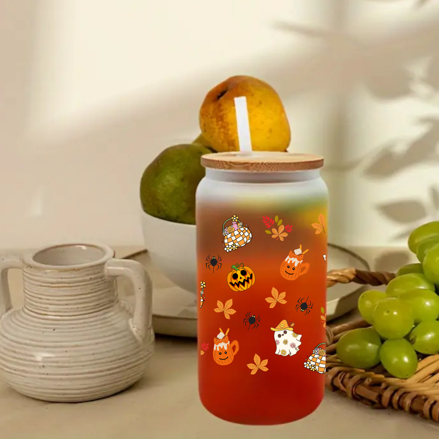 Halloween Party Glass Tumbler – Cute Ghost, Autumn Leaves, Fun Pumpkin Design
