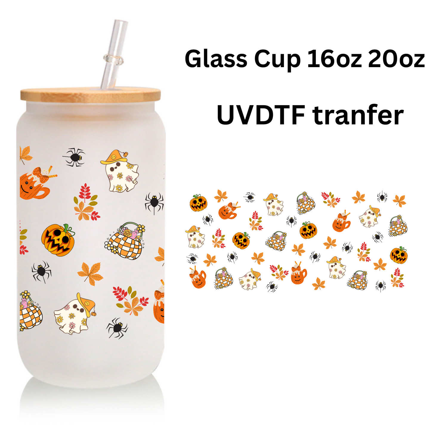 Halloween Party Glass Tumbler – Cute Ghost, Autumn Leaves, Fun Pumpkin Design
