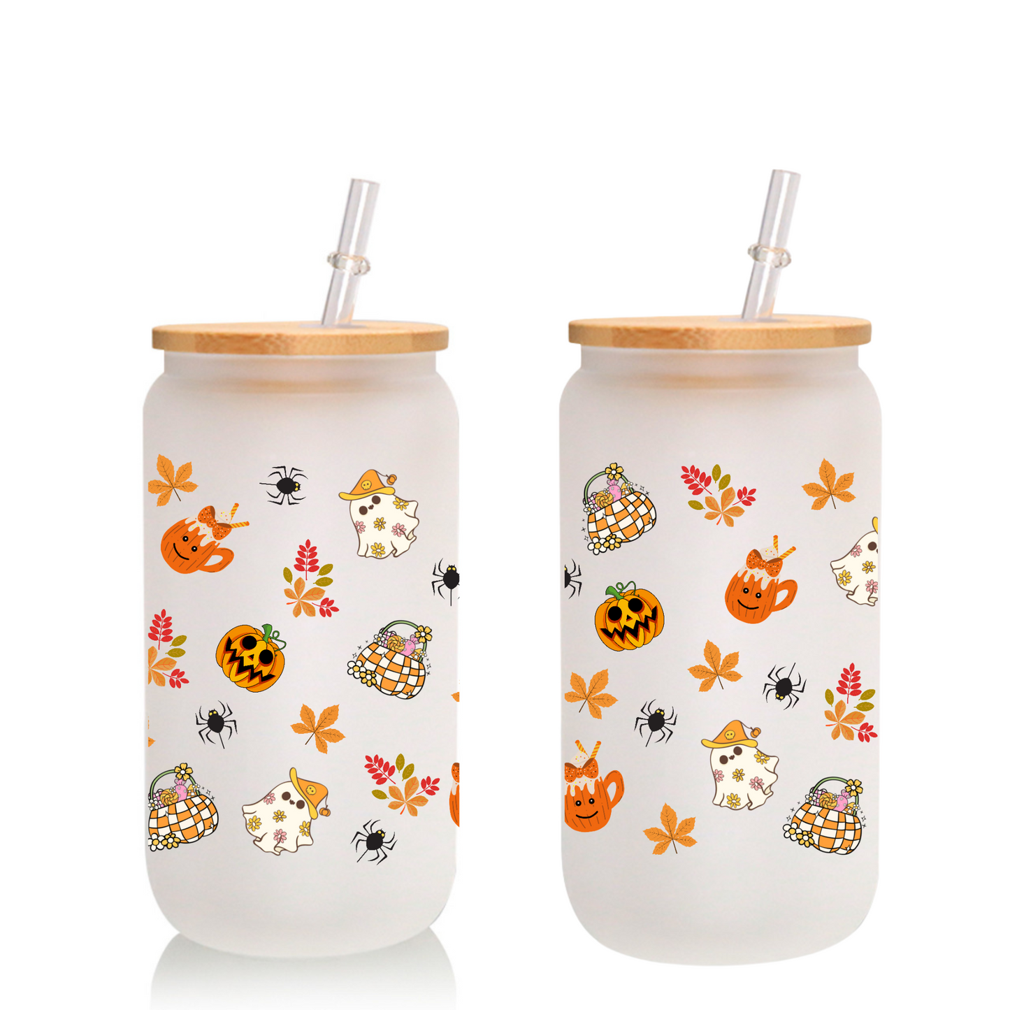 Halloween Party Glass Tumbler – Cute Ghost, Autumn Leaves, Fun Pumpkin Design