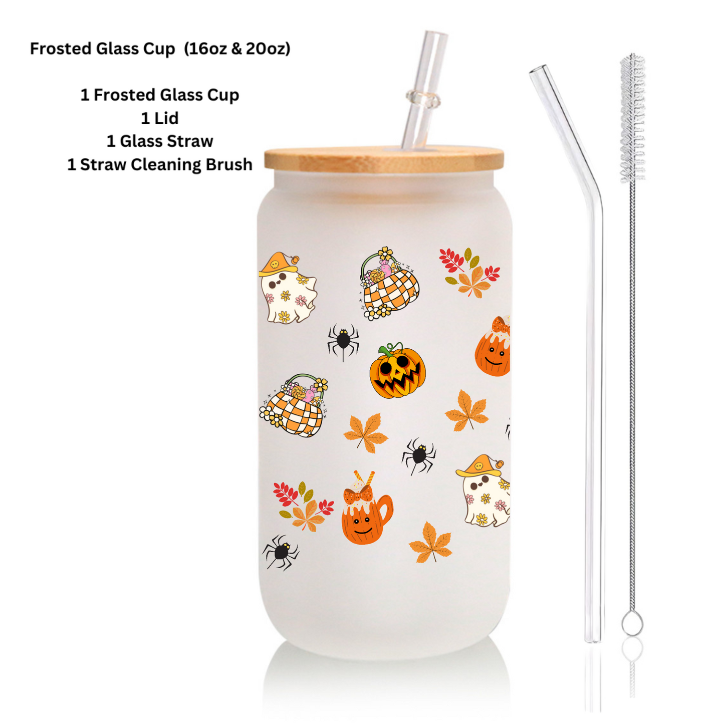 Halloween Party Glass Tumbler – Cute Ghost, Autumn Leaves, Fun Pumpkin Design