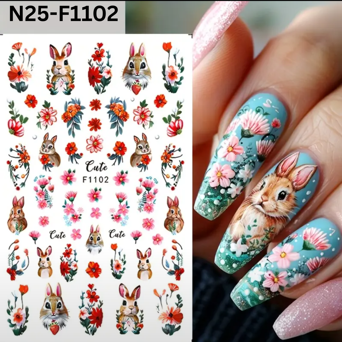 3D Cartoon Rabbit Flower Nail Stickers, Small Fresh, Glossy,Cartoon Rabbit Firebird Design, for Girls, Women, DIY Nail Decoration