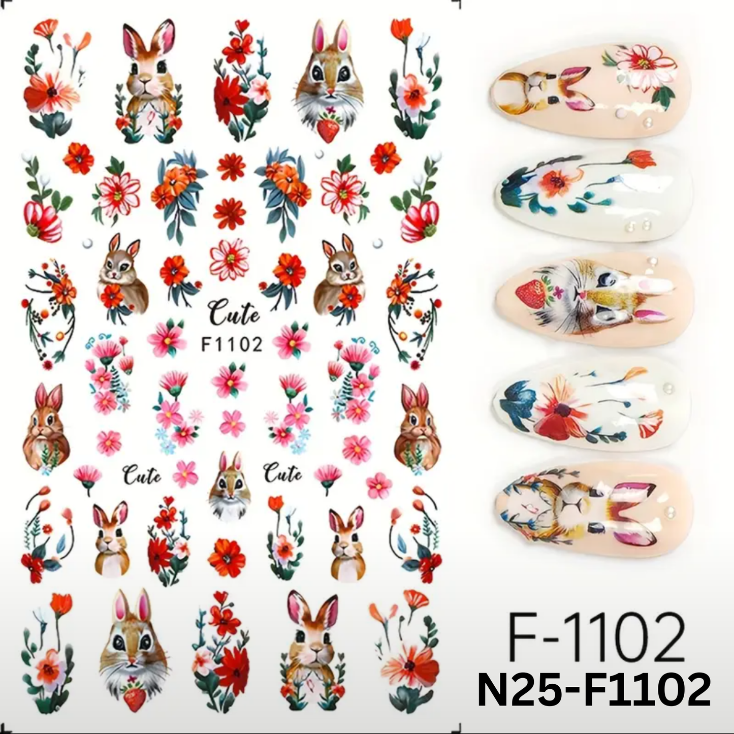 3D Cartoon Rabbit Flower Nail Stickers, Small Fresh, Glossy,Cartoon Rabbit Firebird Design, for Girls, Women, DIY Nail Decoration