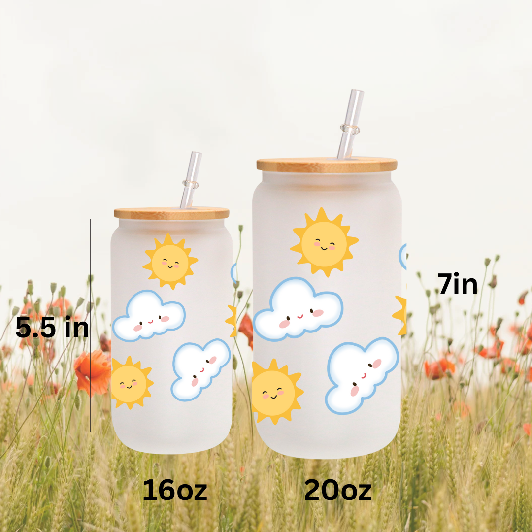 Sun & Cloud Glass Cup with Matching Coaster Cute Aesthetic Can Glass Set Frosted or Clear Cup with Bamboo Lid and Straw