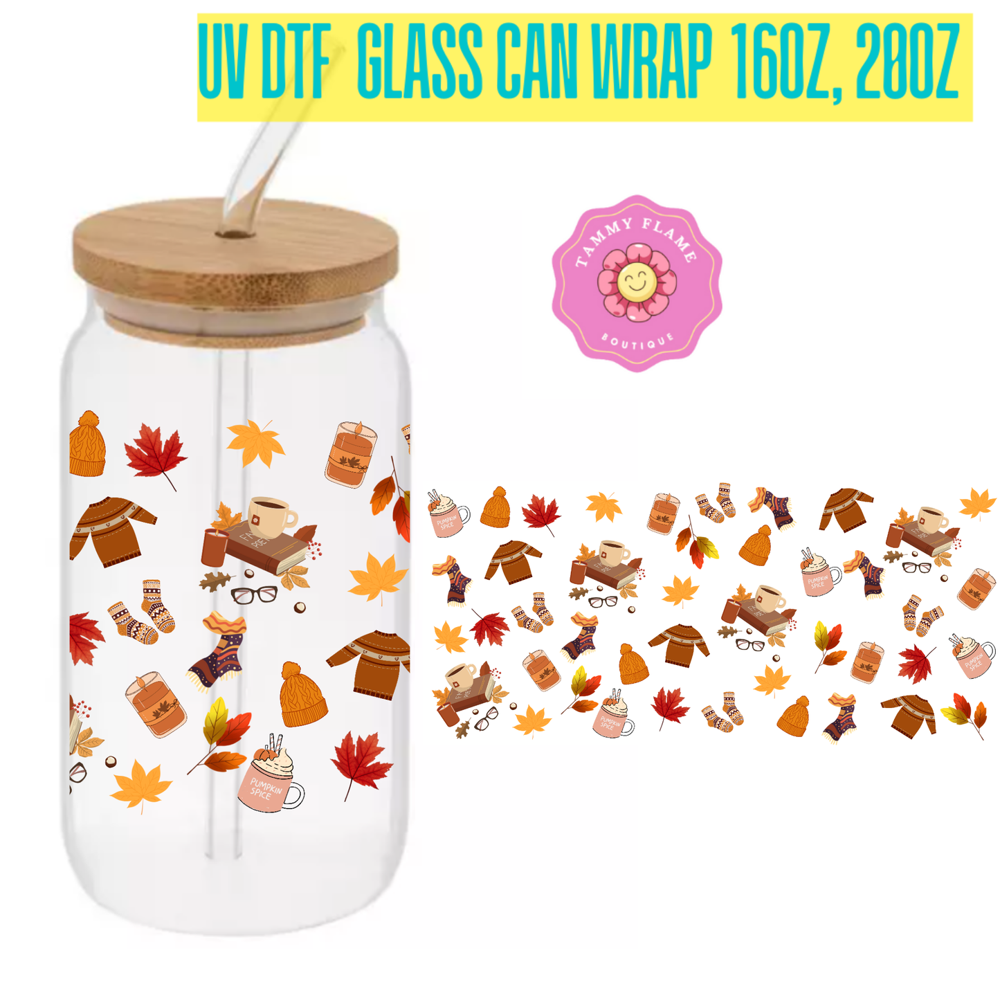 Fall Leaves Glass Cup 16oz/20oz – Clear Can Tumbler with Bamboo Lid, Straw & Brush