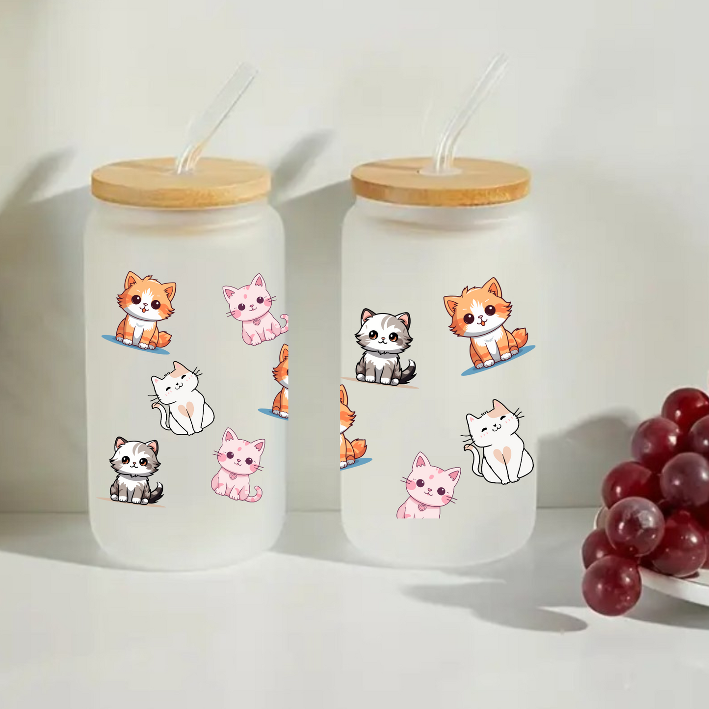 Cute Cats Frosted Glass Cup β 16oz / 20oz Animal Glass Tumbler for Coffee, Tea, Smoothie β Personalized Gift for Office, Party, or Birthday