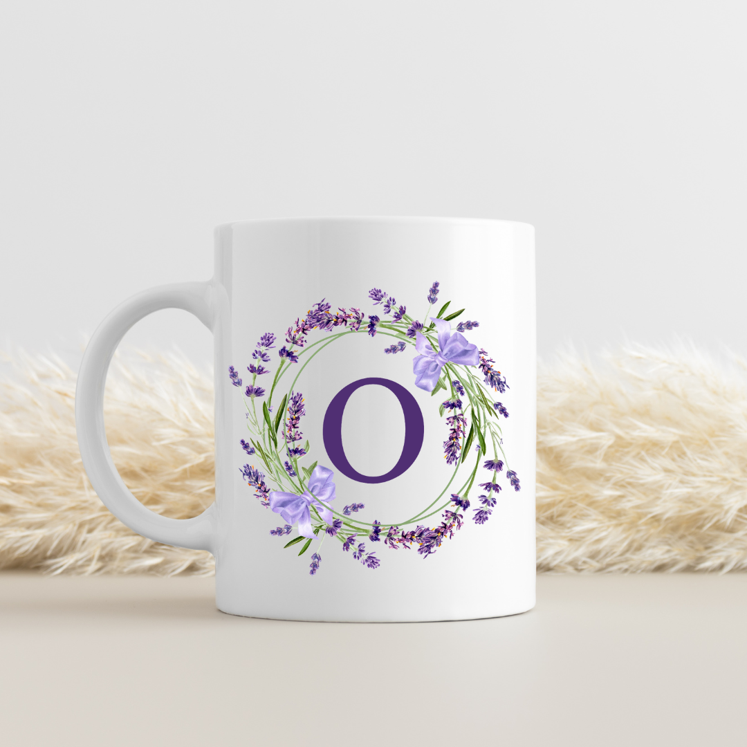 Floral Alphabet Letter A-Z Lavender Wreath Design,Personalized 12oz Ceramic Mug