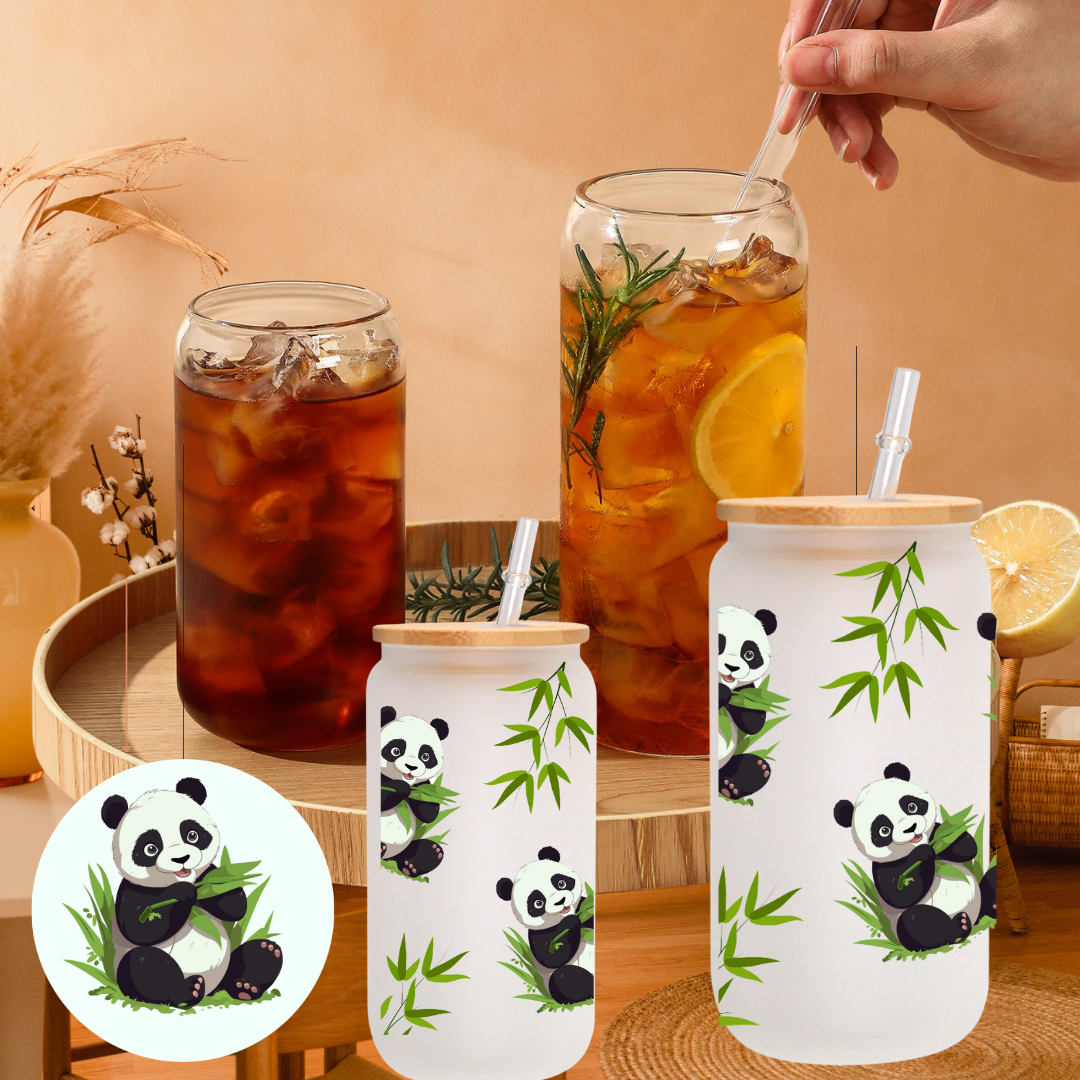 Panda with leaves glass cup, cartoon cup, Iced Coffee Glass cup with lid and Straw Personalized gift for Birthday,for kid 16oz, 20oz