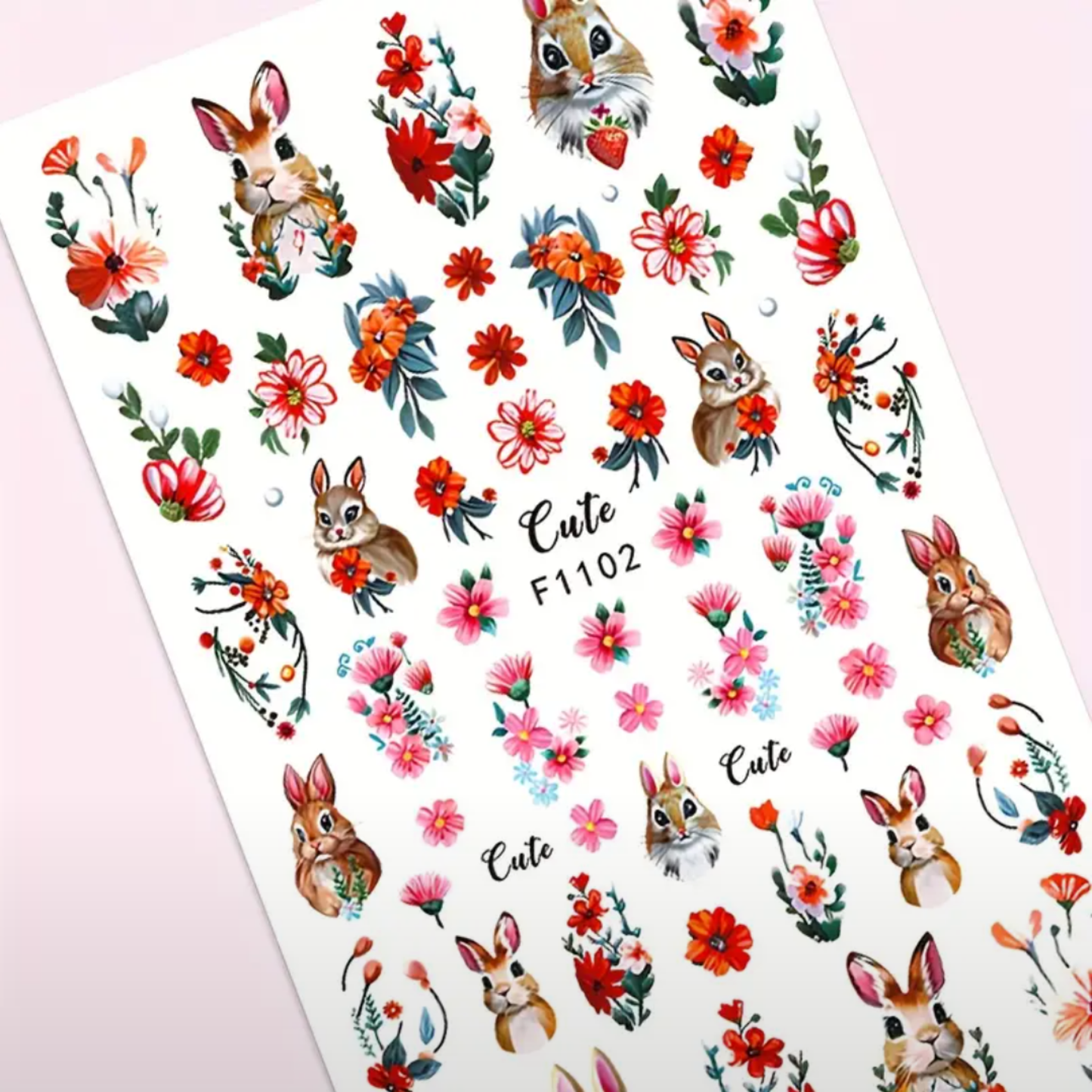 3D Cartoon Rabbit Flower Nail Stickers, Small Fresh, Glossy,Cartoon Rabbit Firebird Design, for Girls, Women, DIY Nail Decoration