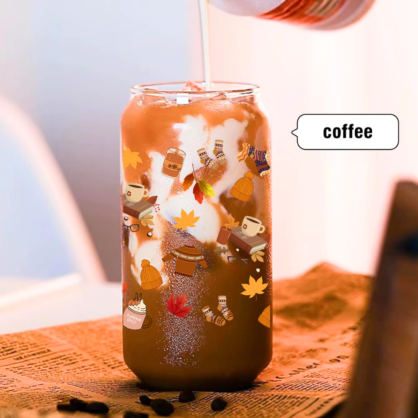Fall Leaves Glass Cup 16oz/20oz – Clear Can Tumbler with Bamboo Lid, Straw & Brush