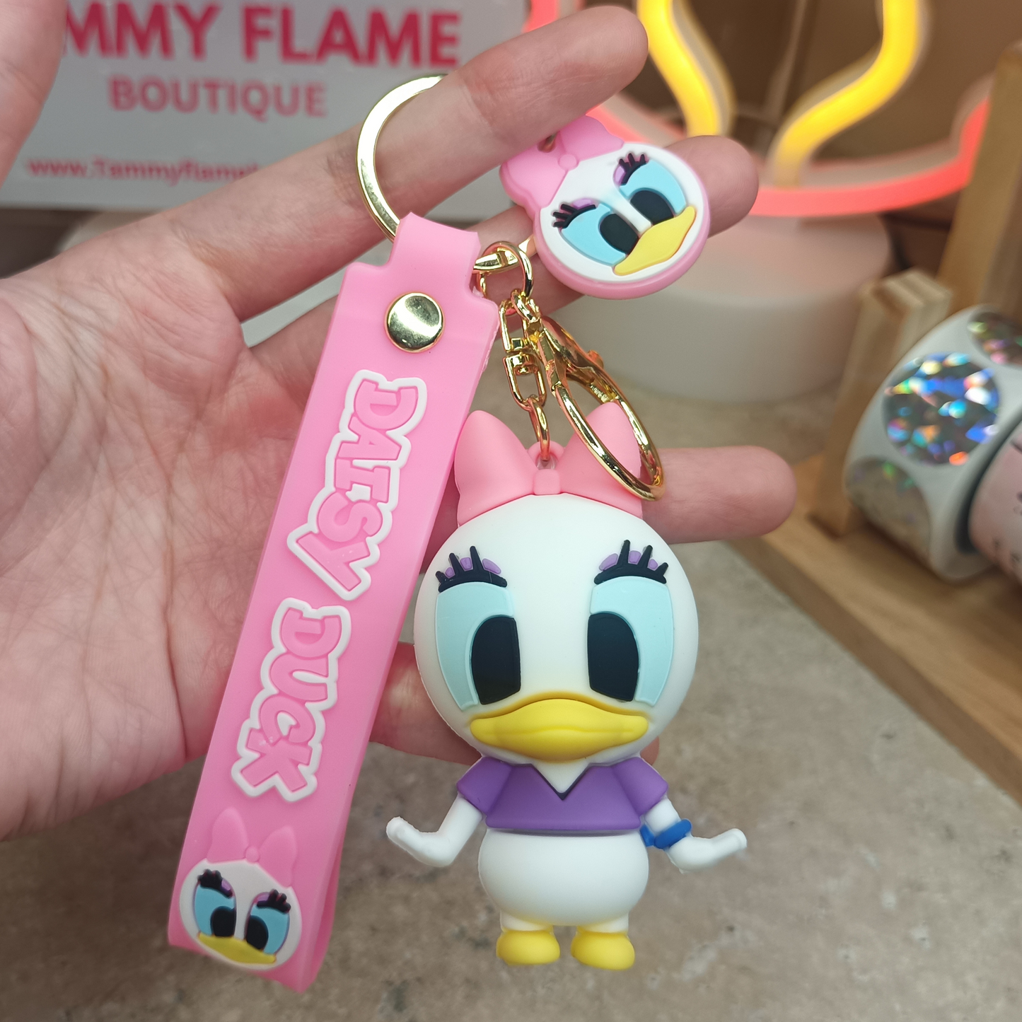 Adorable Pink Daisy Duck Keychain with Strap – Cute Cartoon Bag Charm & Gift Idea