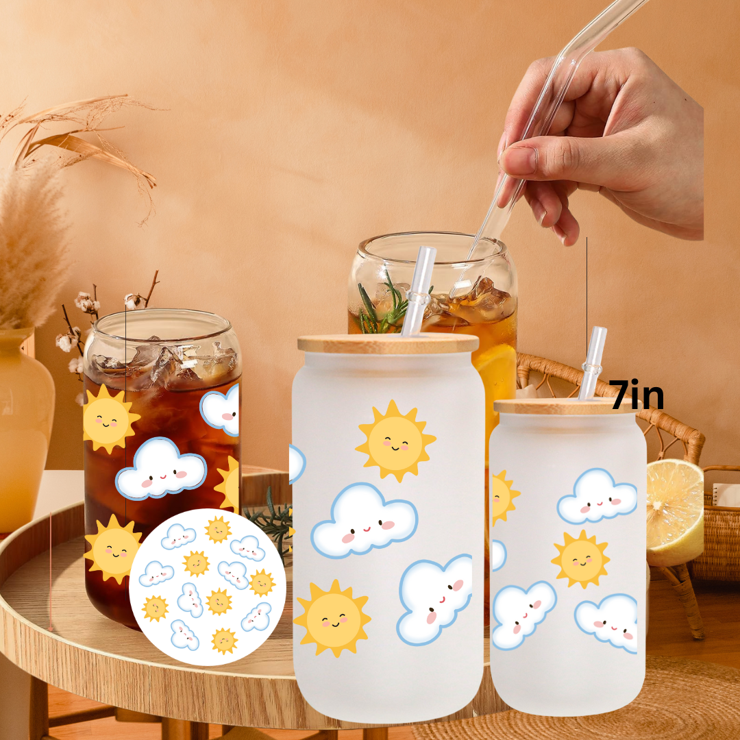 Sun & Cloud Glass Cup with Matching Coaster Cute Aesthetic Can Glass Set Frosted or Clear Cup with Bamboo Lid and Straw