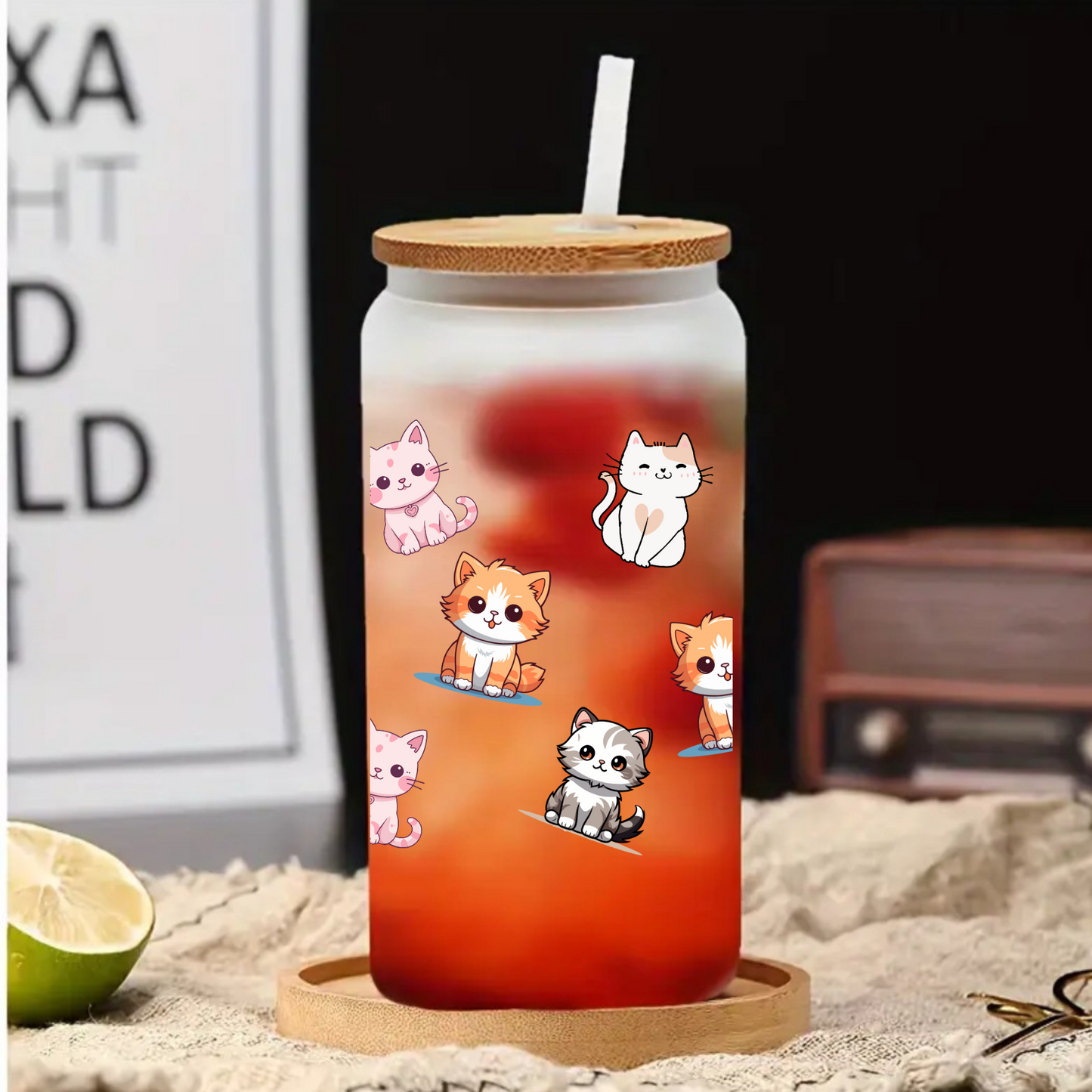 Cute Cats Frosted Glass Cup β 16oz / 20oz Animal Glass Tumbler for Coffee, Tea, Smoothie β Personalized Gift for Office, Party, or Birthday
