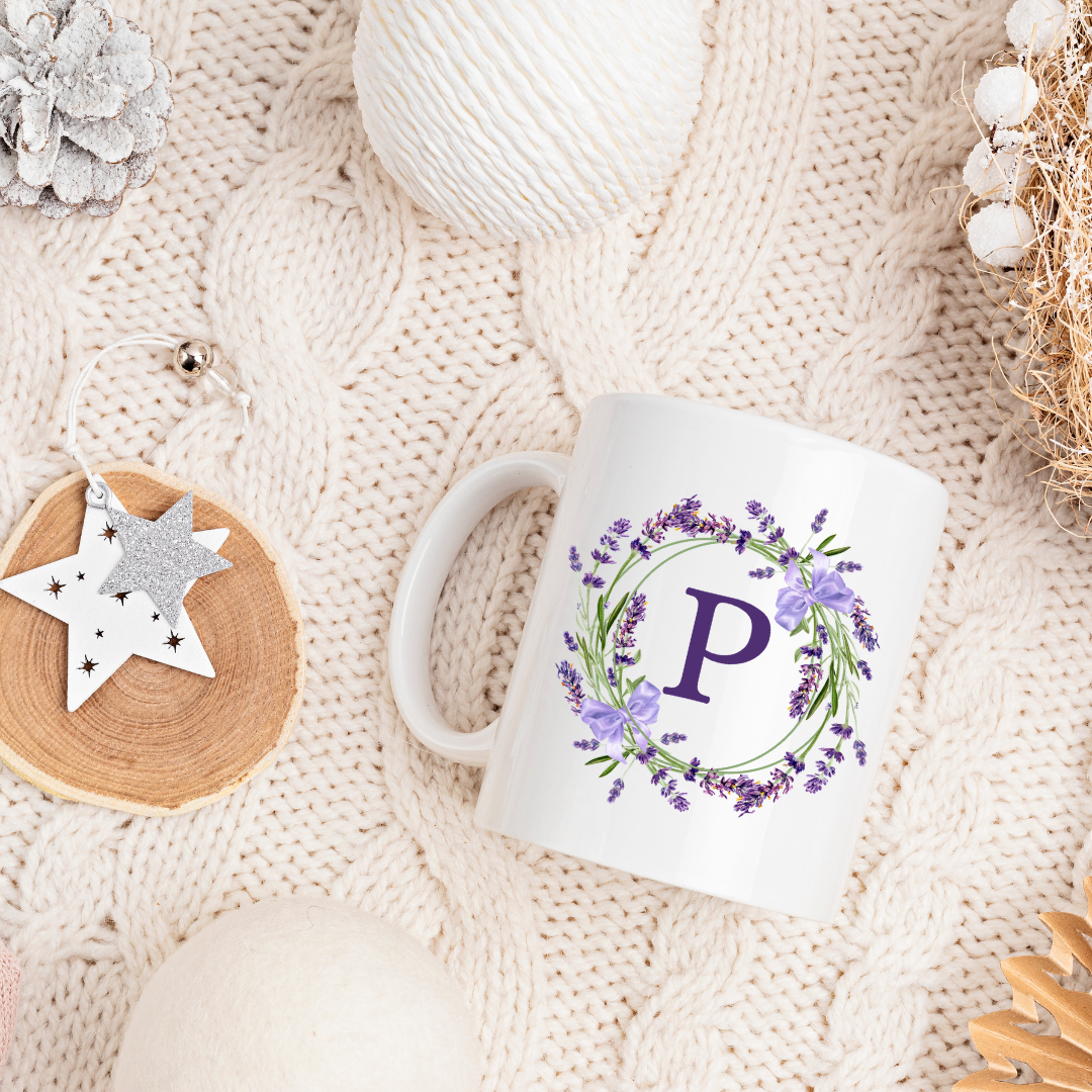 Floral Alphabet Letter A-Z Lavender Wreath Design,Personalized 12oz Ceramic Mug