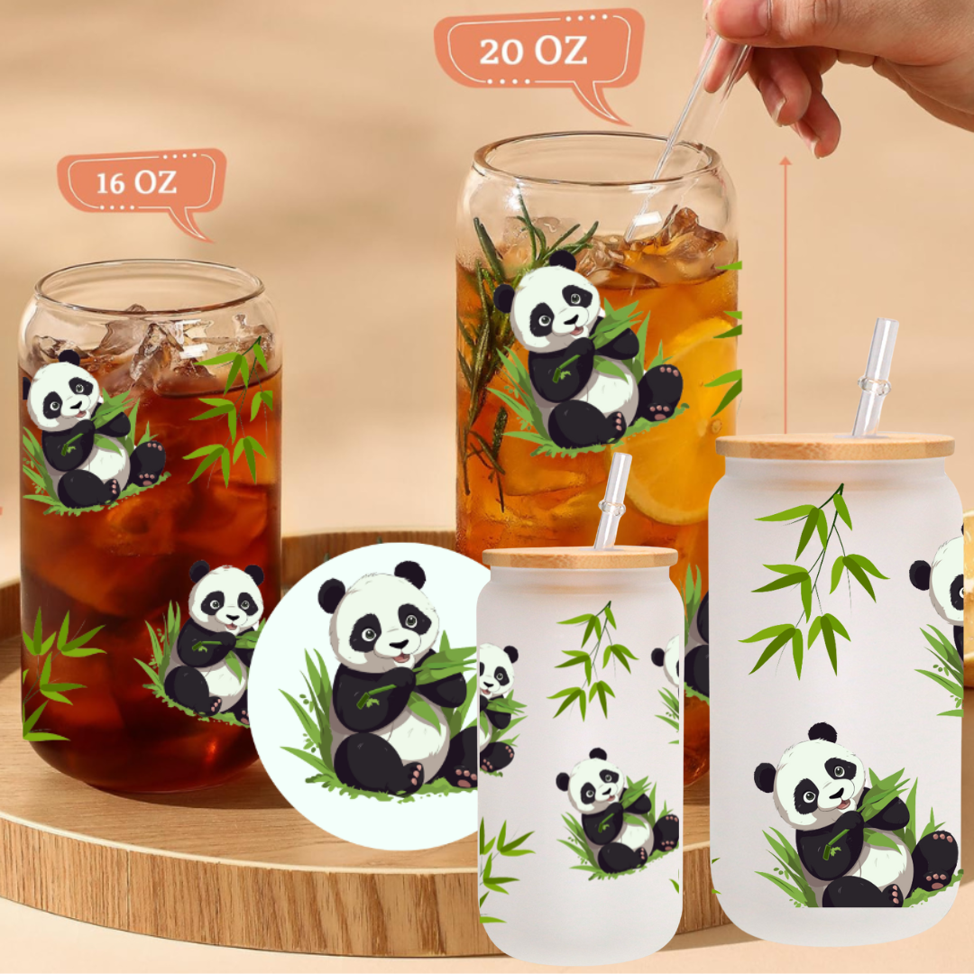 Panda with leaves glass cup, cartoon cup, Iced Coffee Glass cup with lid and Straw Personalized gift for Birthday,for kid 16oz, 20oz