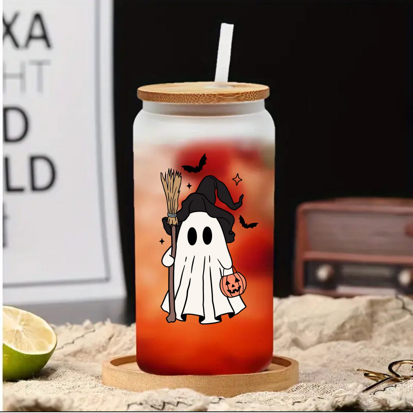 Halloween Frosted Glass Can Cup with Bamboo Lid & Straw – Ghost Witch & “Happy Spooky Season” (16oz / 20oz)