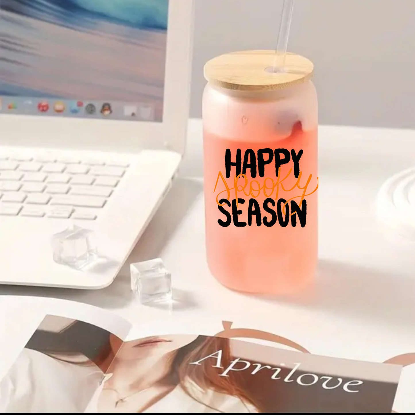 Halloween Frosted Glass Can Cup with Bamboo Lid & Straw – Ghost Witch & “Happy Spooky Season” (16oz / 20oz)
