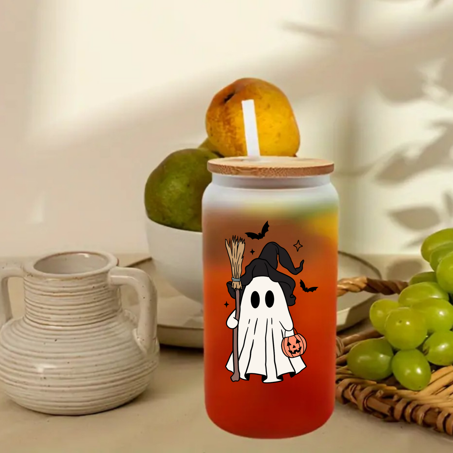 Halloween Frosted Glass Can Cup with Bamboo Lid & Straw – Ghost Witch & “Happy Spooky Season” (16oz / 20oz)