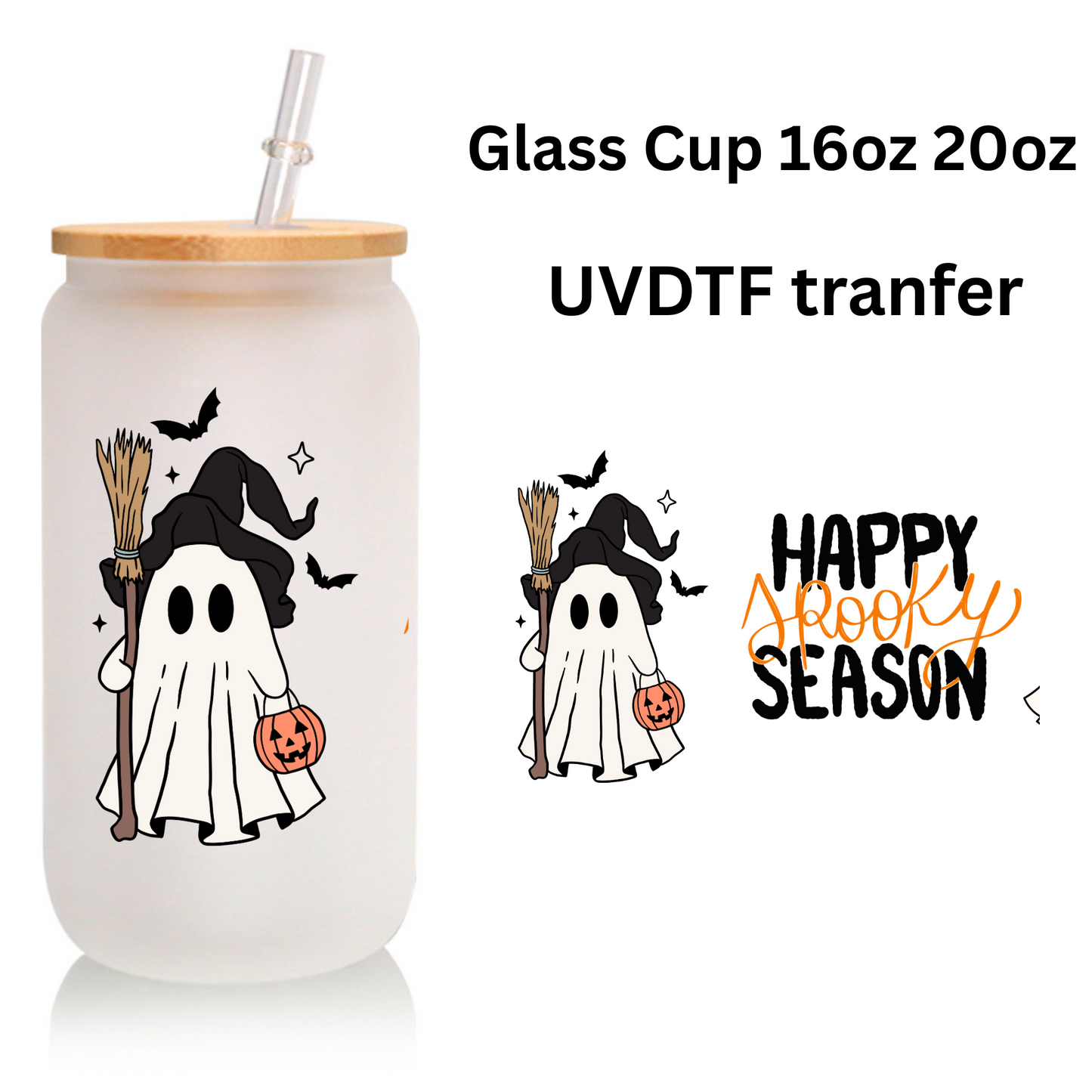 Halloween Frosted Glass Can Cup with Bamboo Lid & Straw – Ghost Witch & “Happy Spooky Season” (16oz / 20oz)