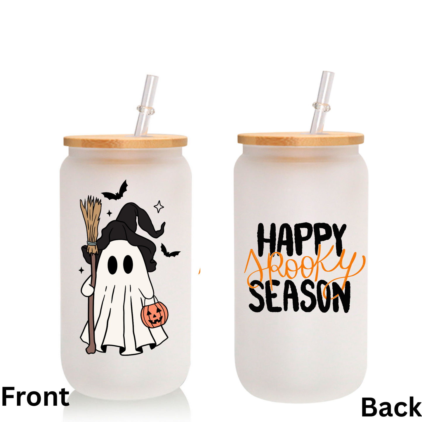 Halloween Frosted Glass Can Cup with Bamboo Lid & Straw – Ghost Witch & “Happy Spooky Season” (16oz / 20oz)