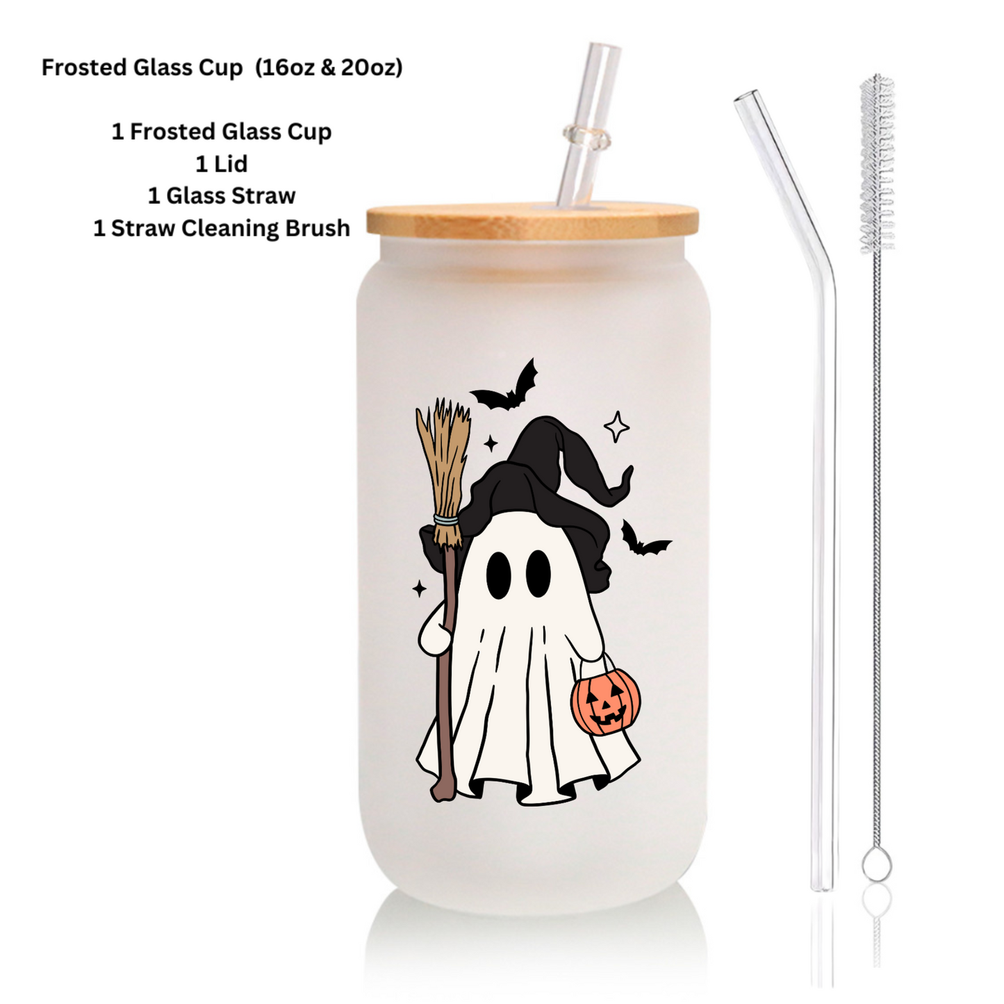 Halloween Frosted Glass Can Cup with Bamboo Lid & Straw – Ghost Witch & “Happy Spooky Season” (16oz / 20oz)