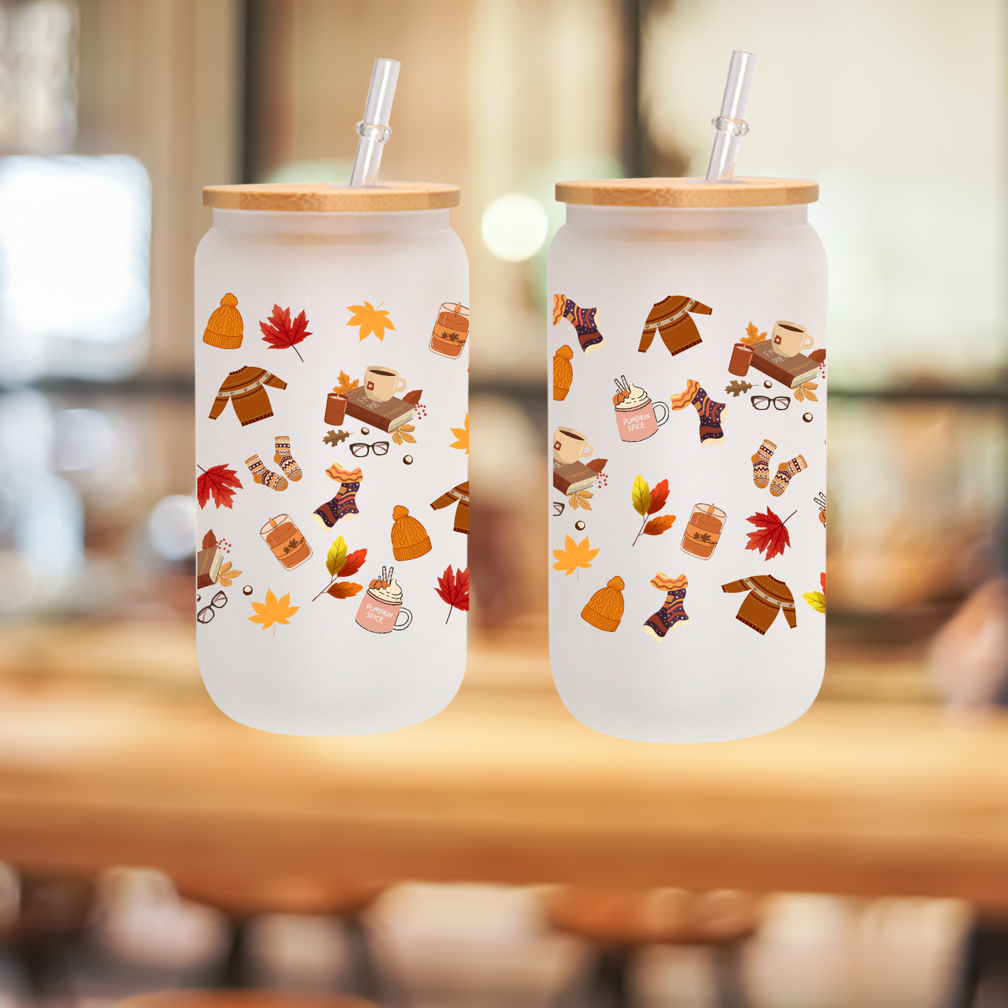 Fall Leaves Frosted Glass Tumbler 16oz/20oz – Clear Can Cup with Bamboo Lid, Straw & Cleaning Brush, Autumn Drinkware